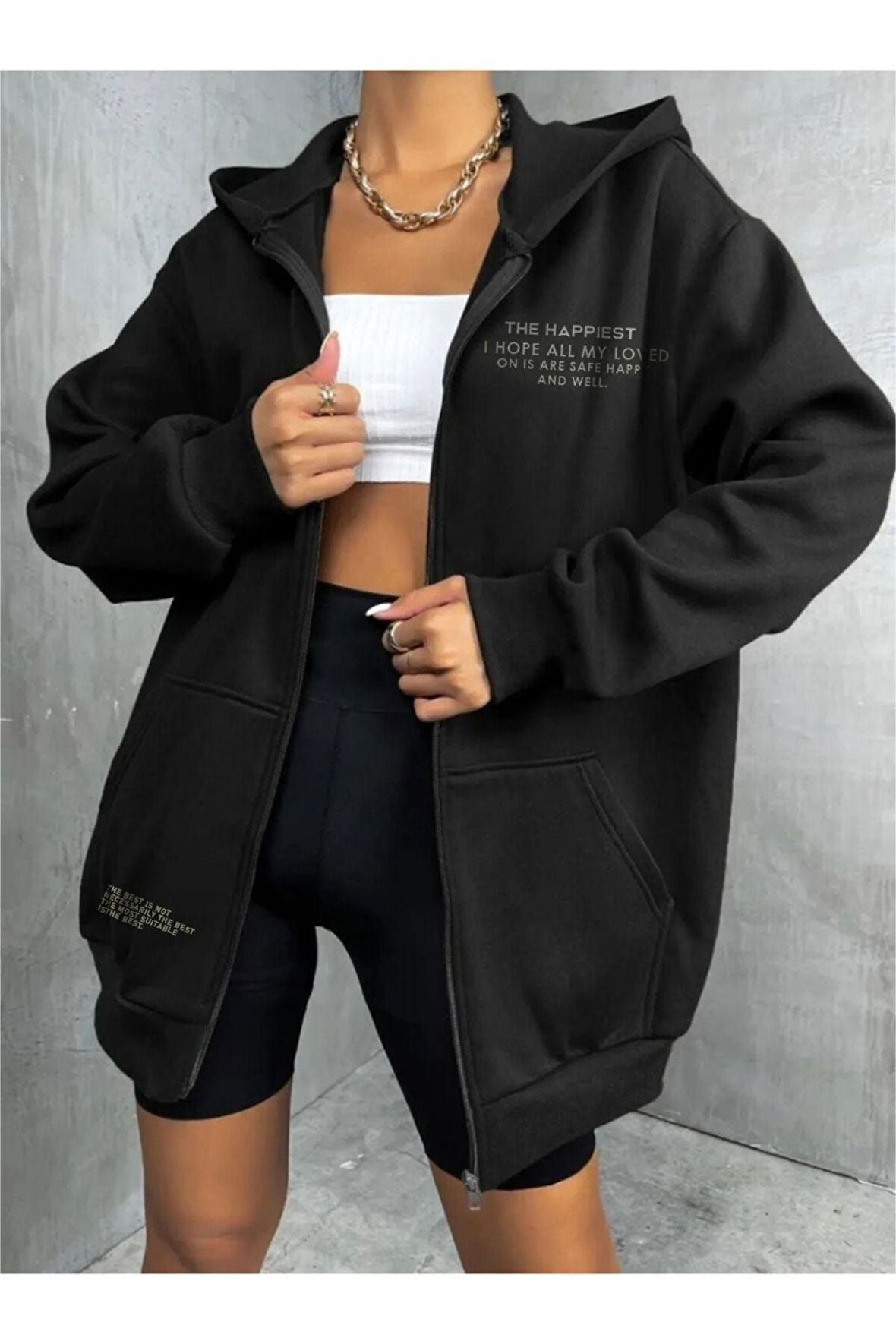 Unisex Siyah Happiest Baskılı Ince Mevsimlik Kapşonlu Oversize Hırka