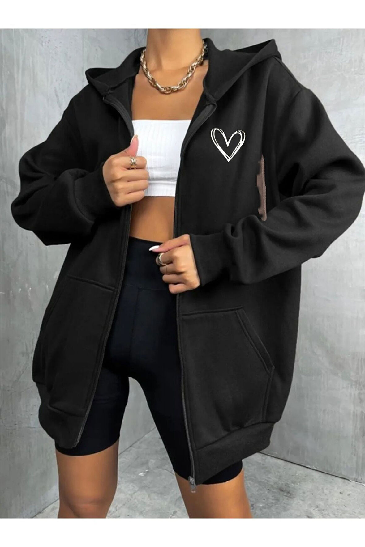 Unisex Gri Kalp Baskılı Ince Mevsimlik Kapşonlu Oversize Hırka