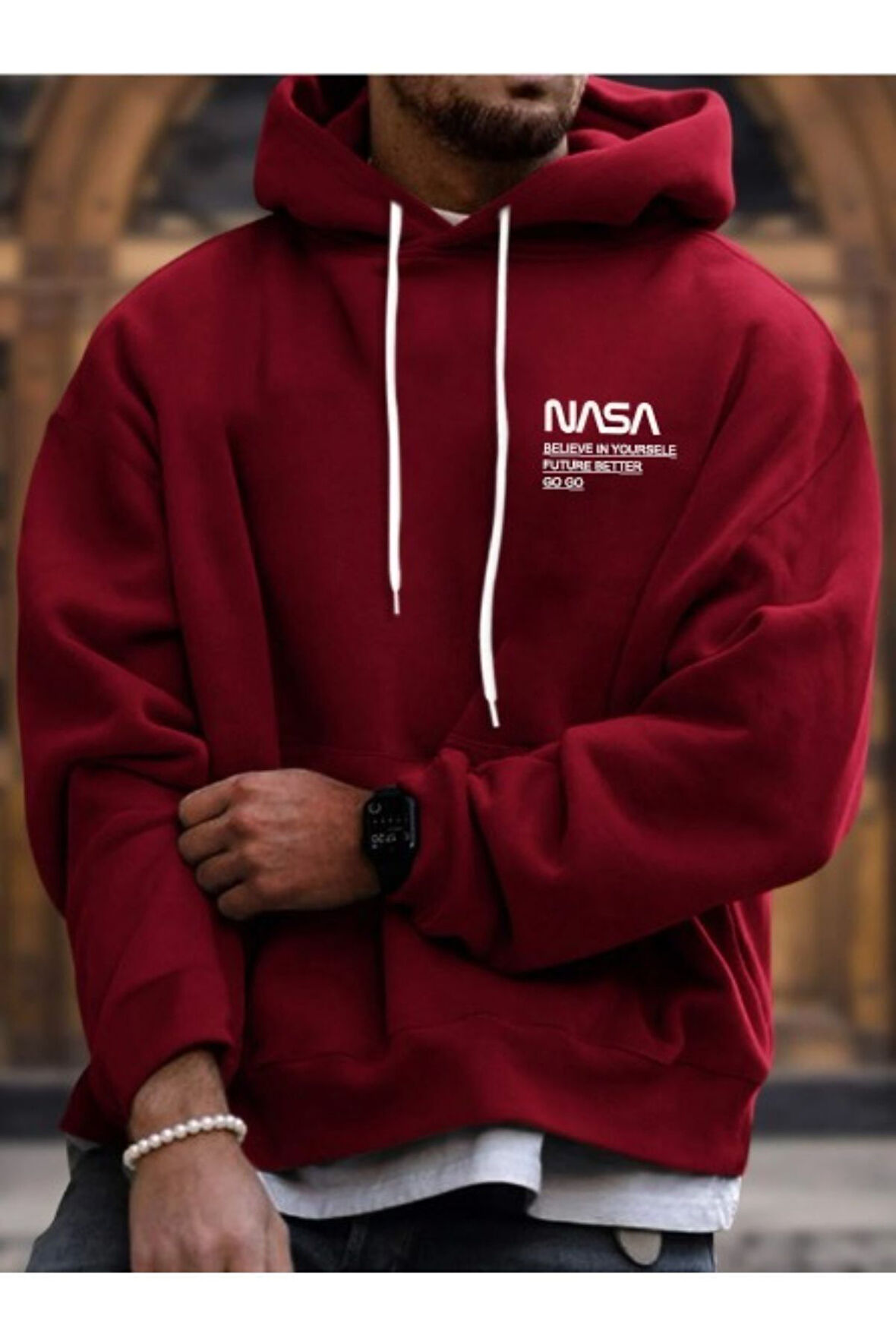 Erkek Nasa Yazı Detay Baskılı Kapüşonlu Sweatshirt