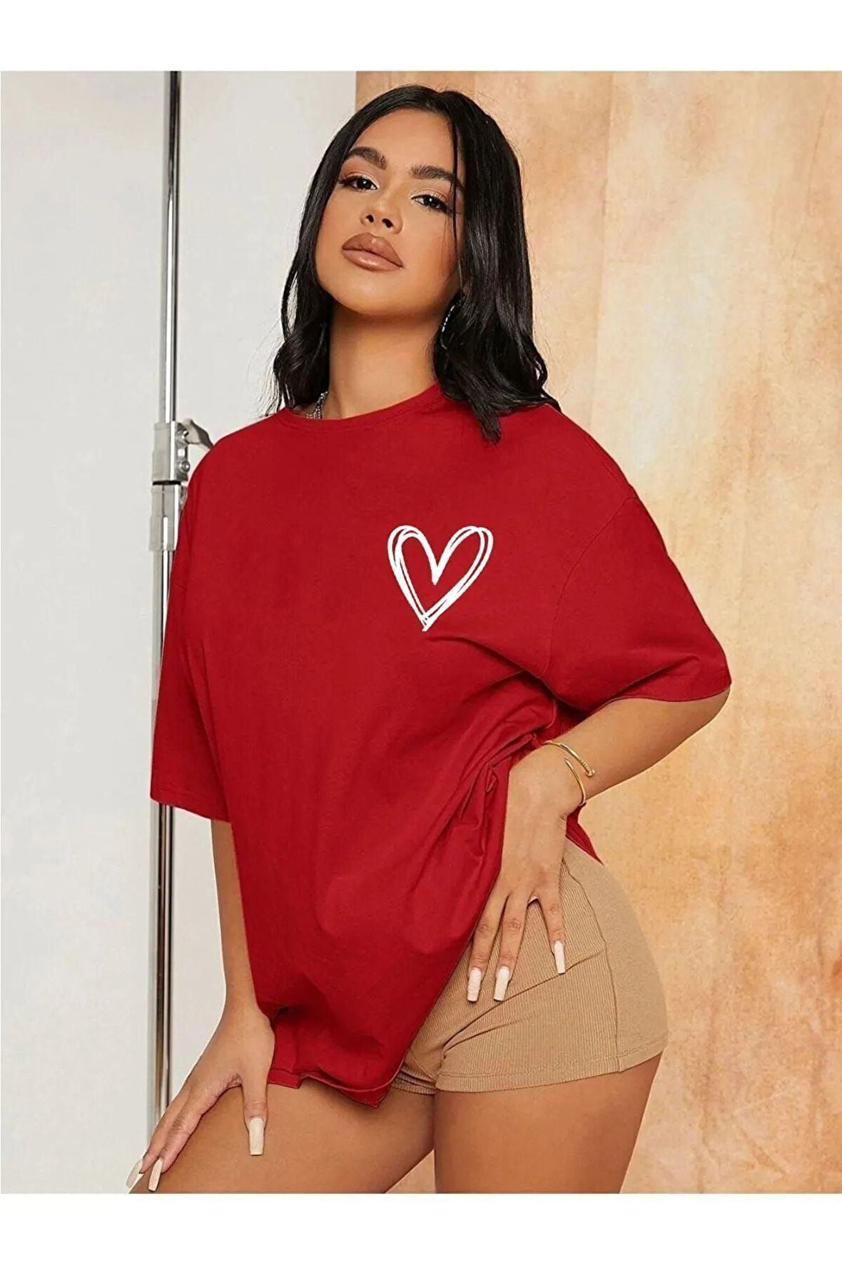 Kadın Kalp Baskılı Oversize T-shirt