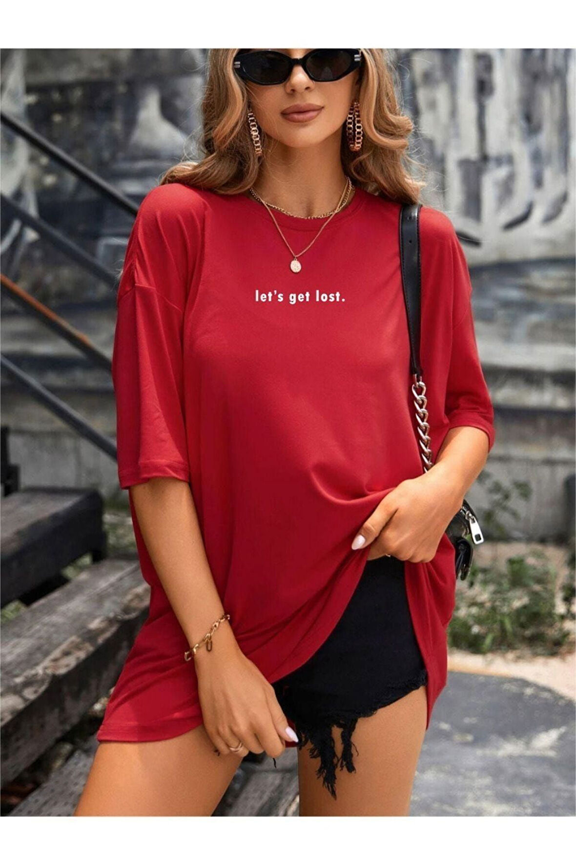 Kadın Beyaz Lets Get Lost Baskılı Oversize T-shirt