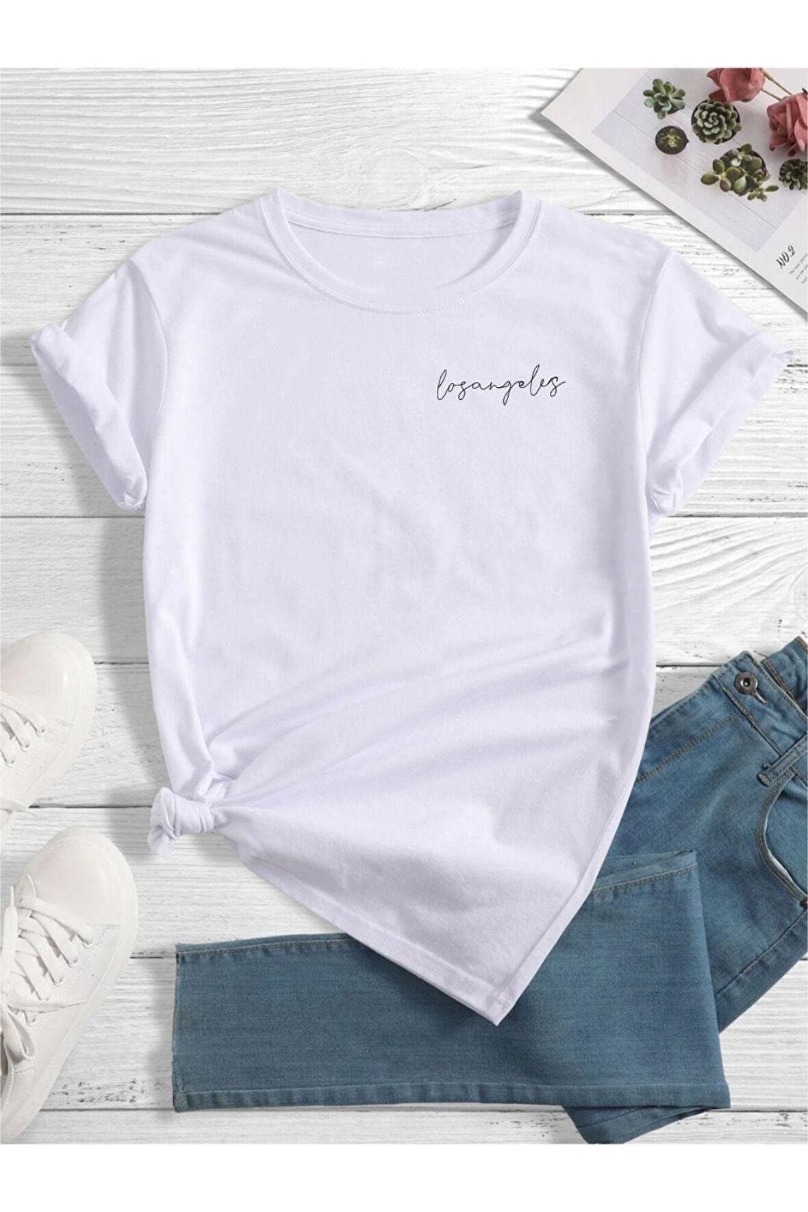 Kadın Los Angeles Baskılı Oversize Bisiklet Yaka T-shirt