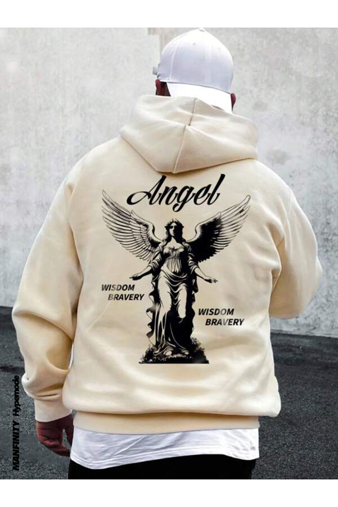 Unisex Bej Sırt Angel Baskı Kapüşonlu Sweatshirt
