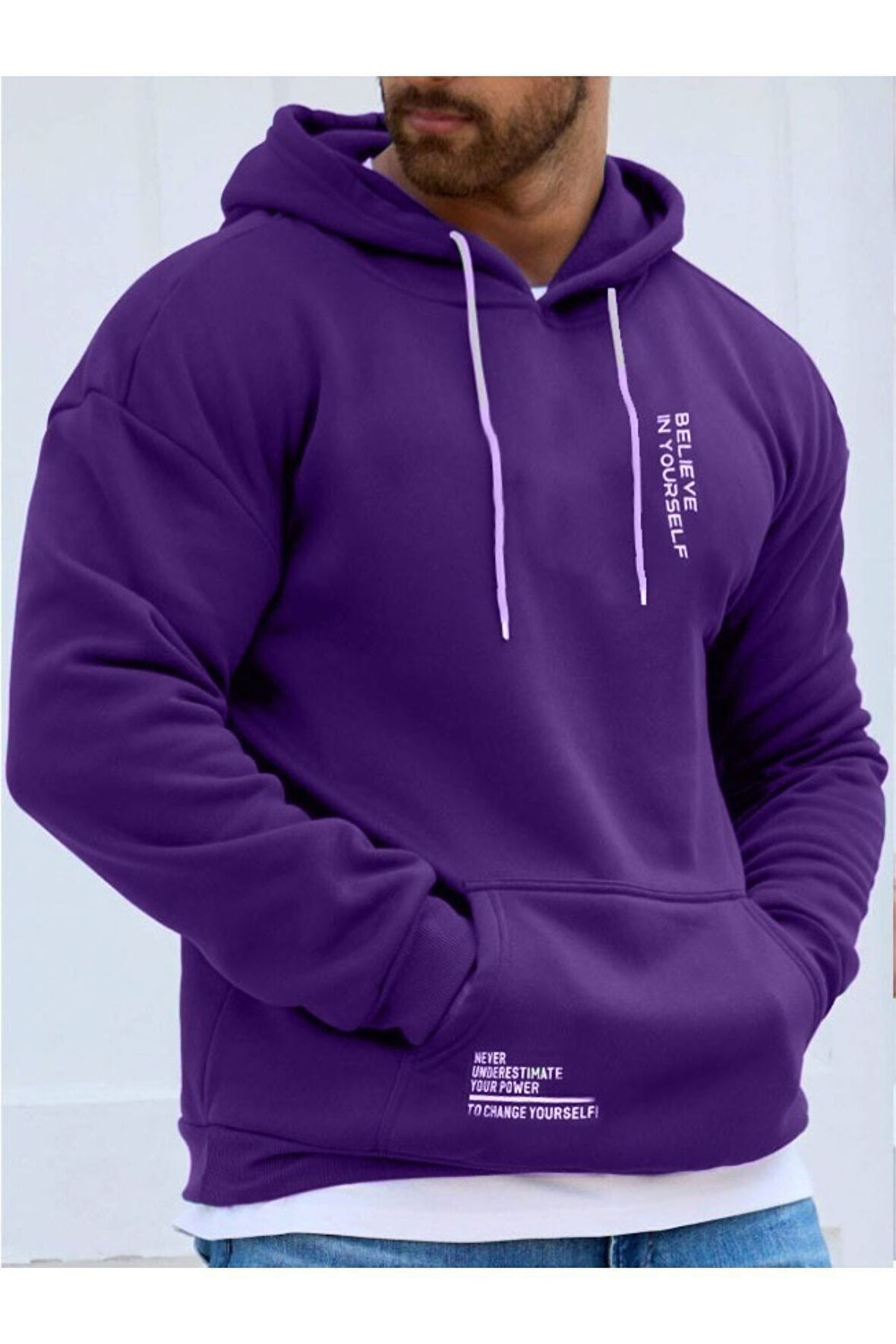 Erkek Believe Baskılı Oversize Kapşonlu Sweatshirt