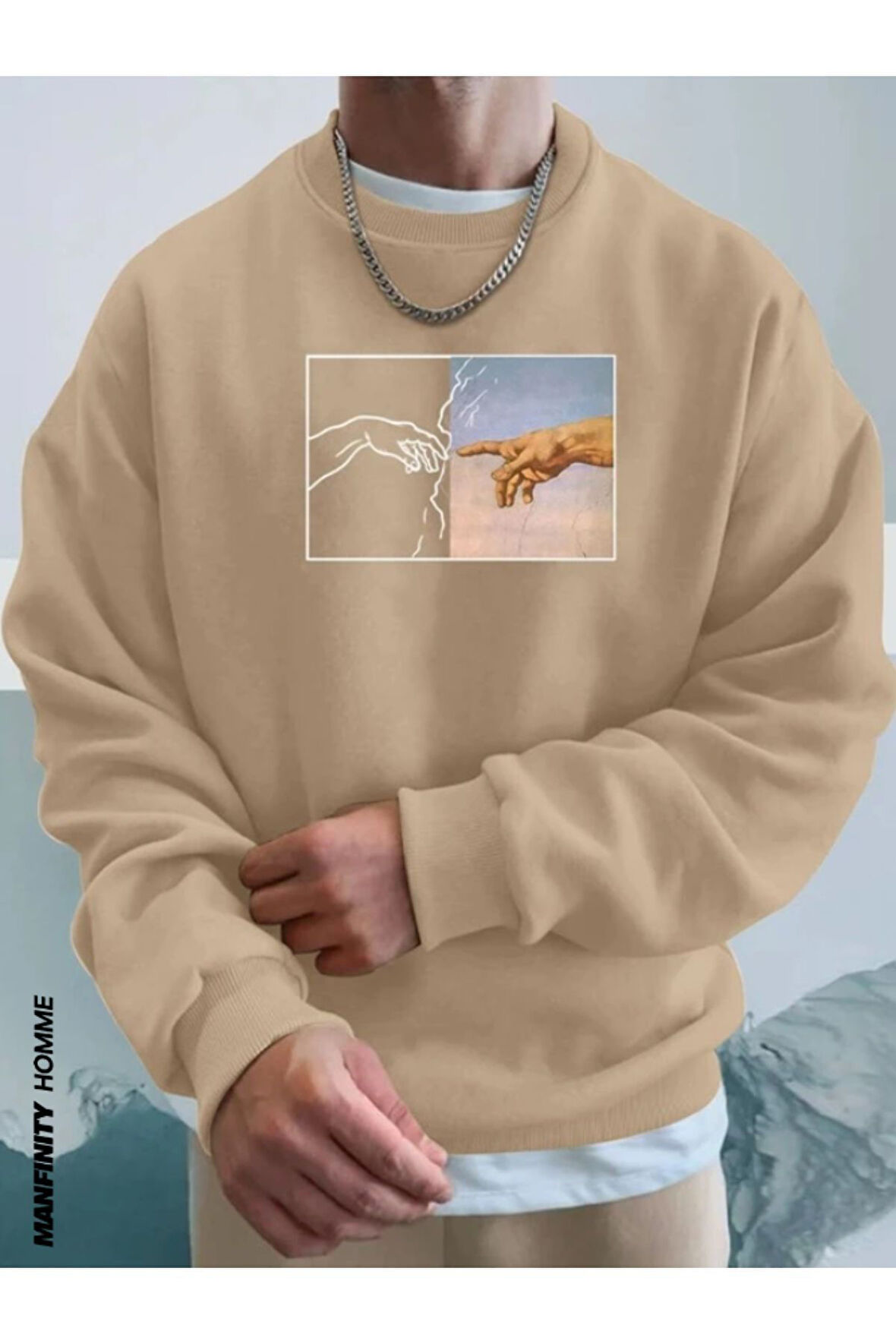 Erkek El Baskı Bisiklet Yaka Sweatshirt