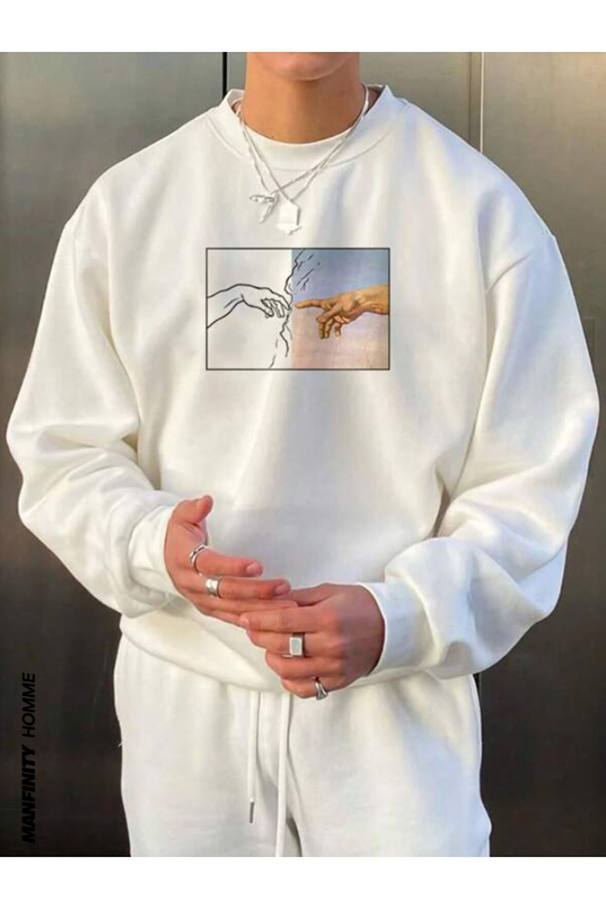 Erkek El Baskı Bisiklet Yaka Sweatshirt