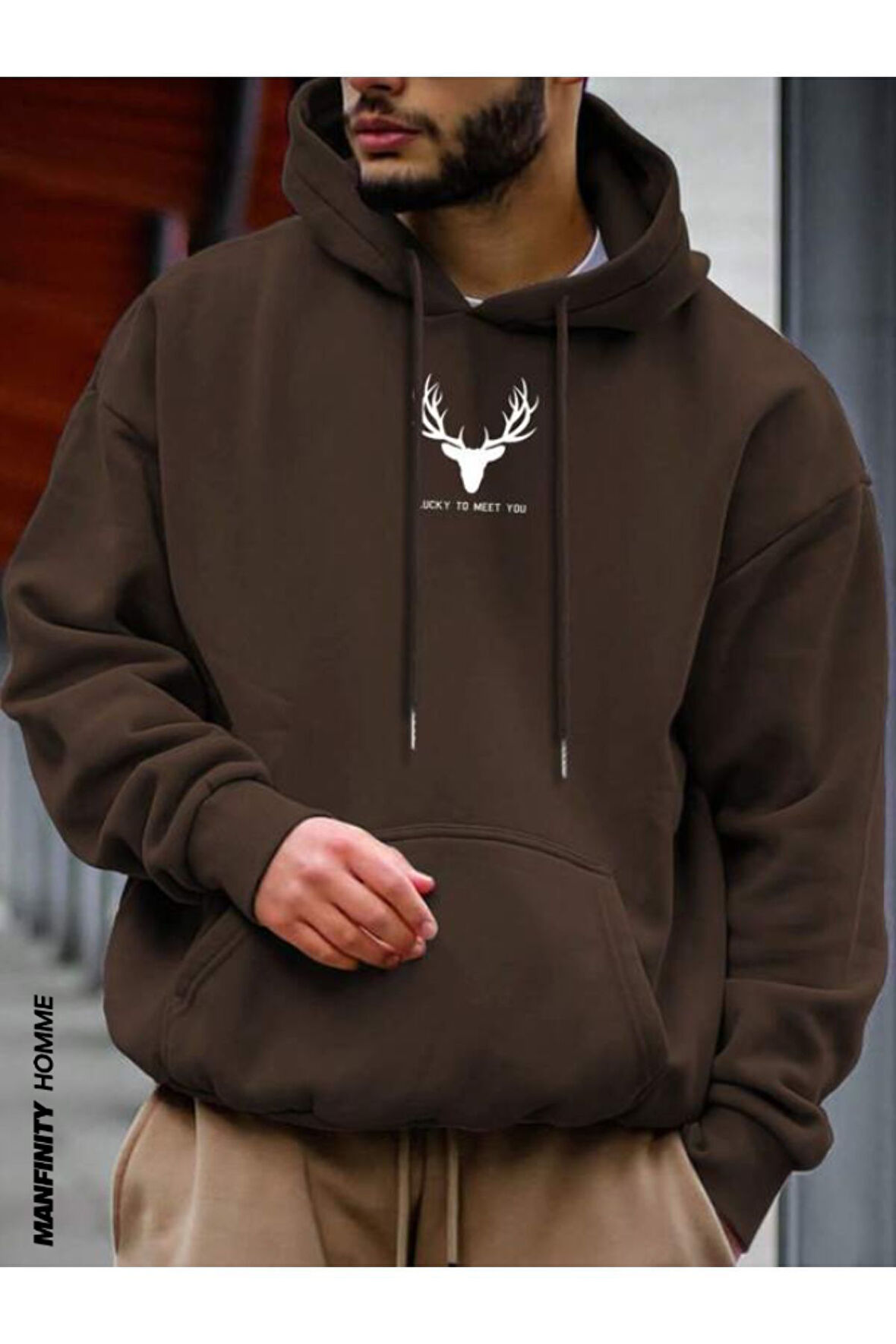 Erkek Geyik Baskı Kapüşonlu Sweatshirt