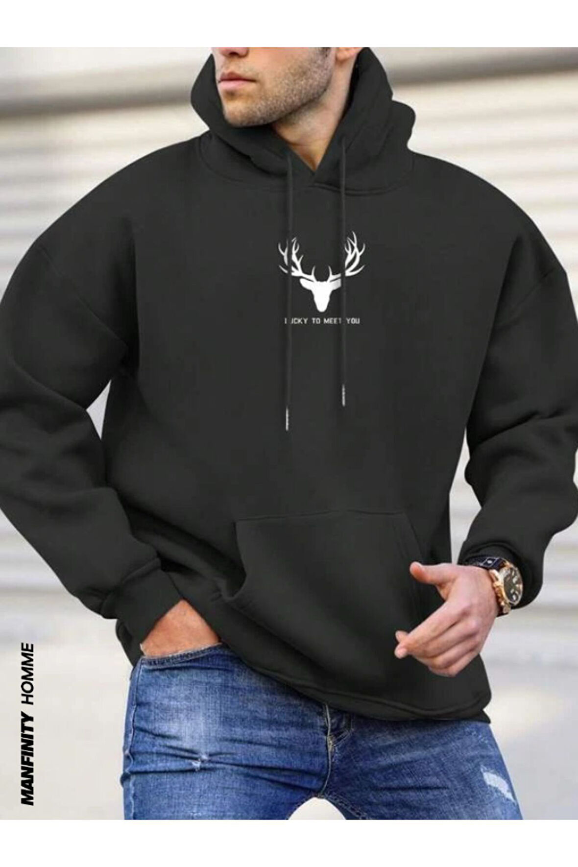 Erkek Geyik Baskı Kapüşonlu Sweatshirt