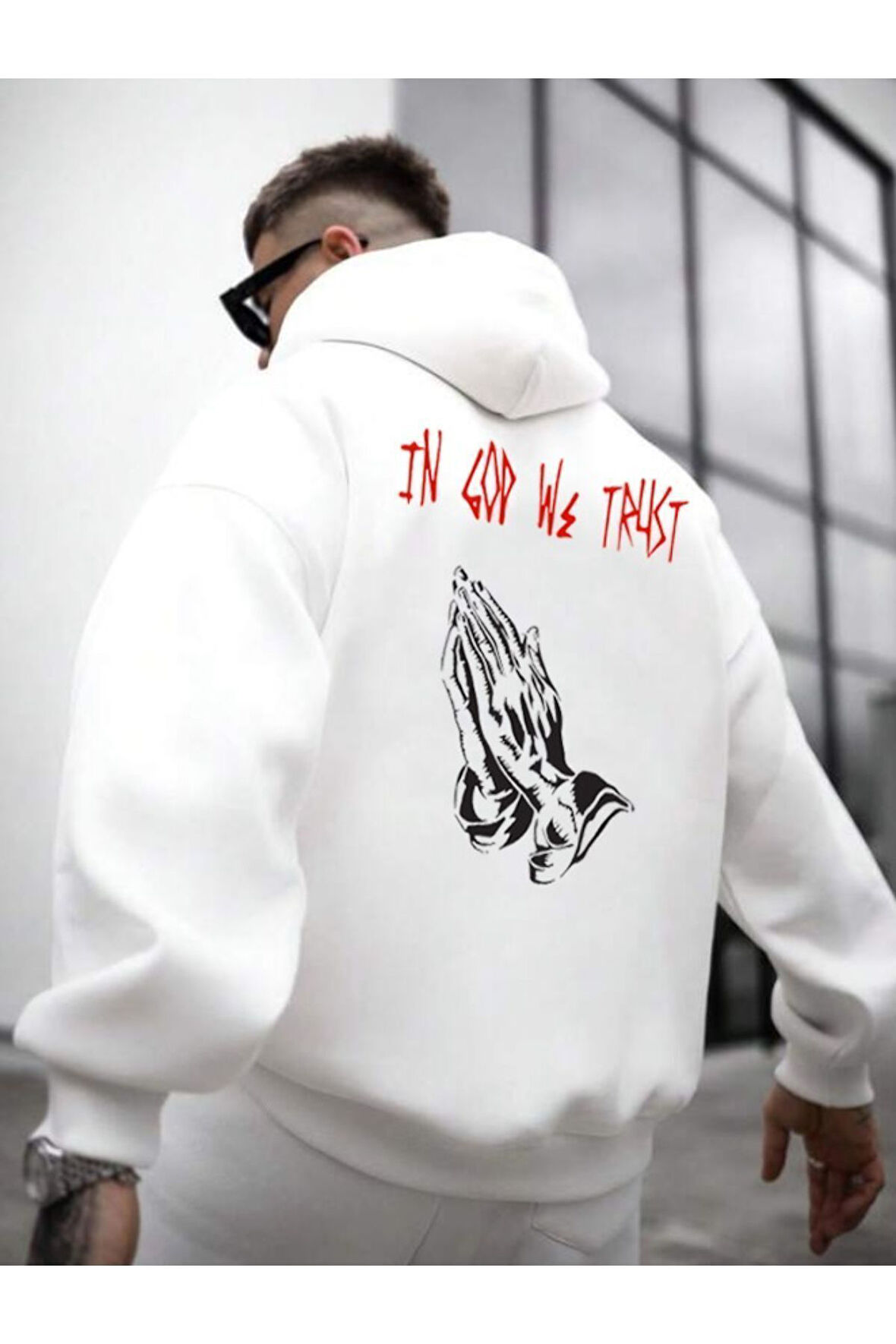 Erkek Beyaz Sırt God We Trust Baskılı Kapüşonlu Sweatshirt