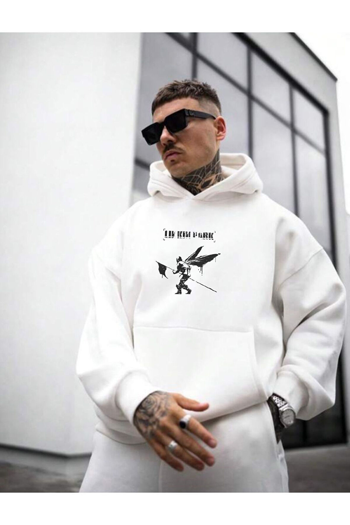 Erkek Linkin Park Baskılı Kapüşonlu Sweatshirt