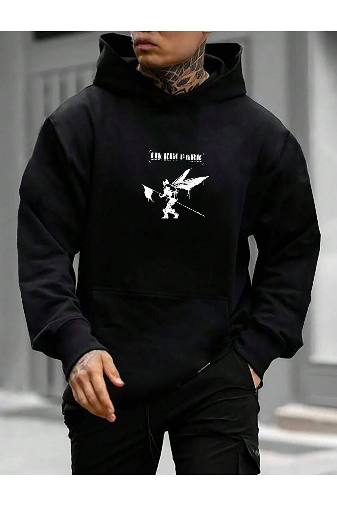 Erkek Linkin Park Baskılı Kapüşonlu Sweatshirt