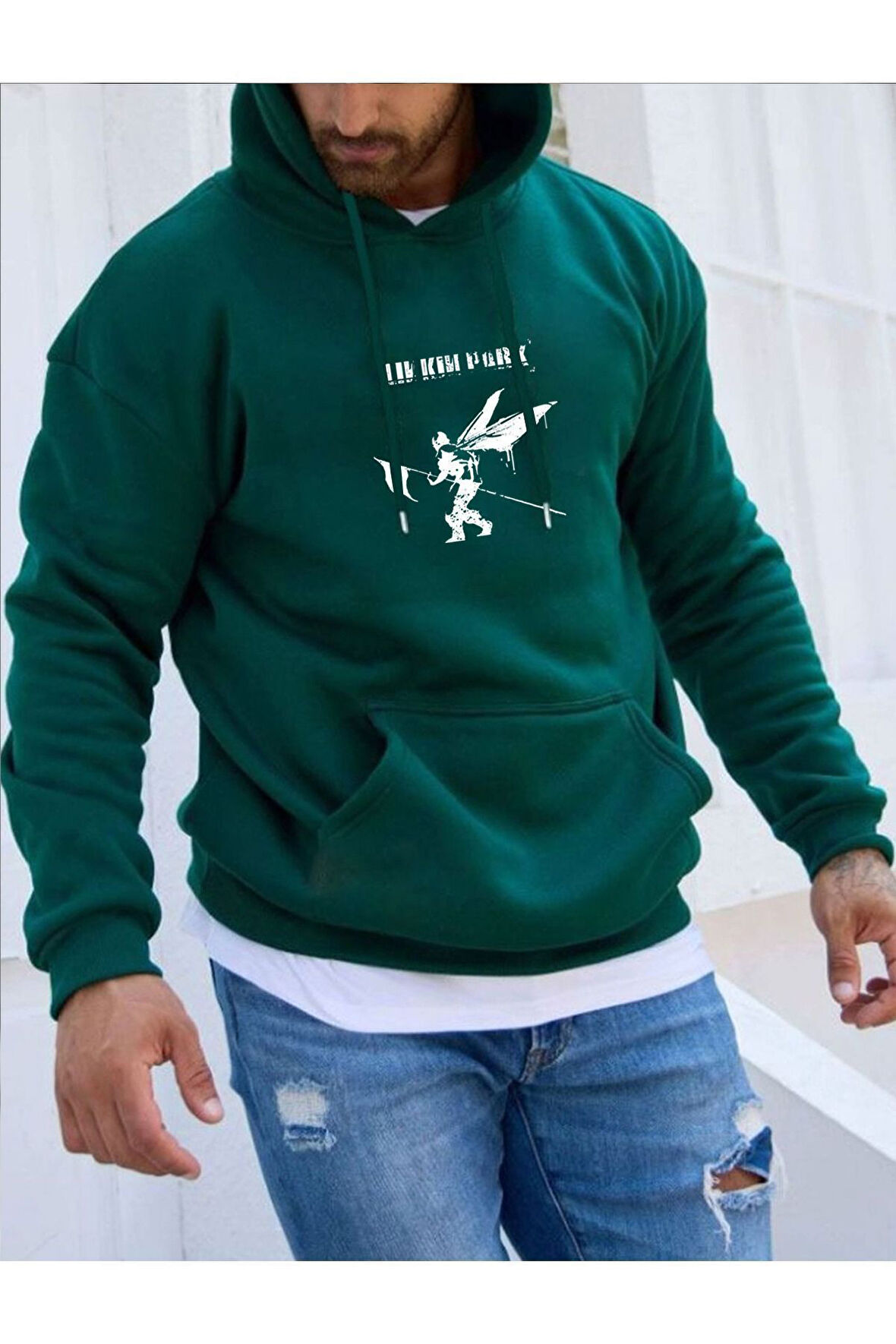 Erkek Linkin Park Baskılı Kapüşonlu Sweatshirt
