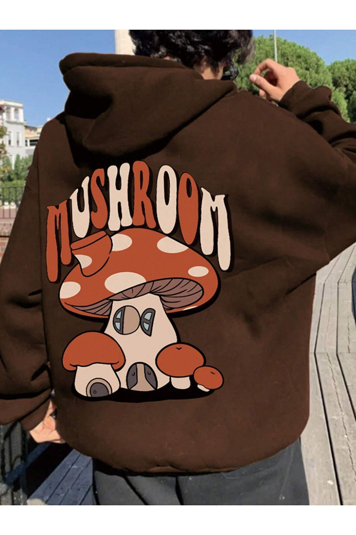 Unisex Mushroom Baskı Kapüşonlu Sweatshirt