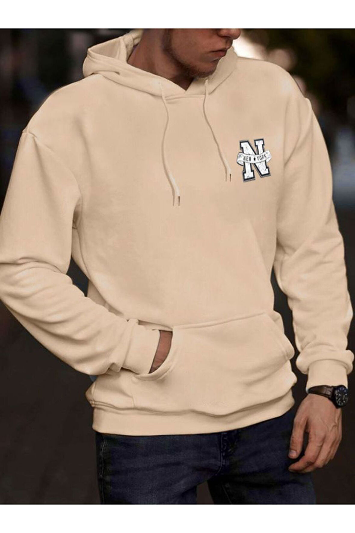 Erkek New York Baskılı Kapüşonlu Sweatshirt
