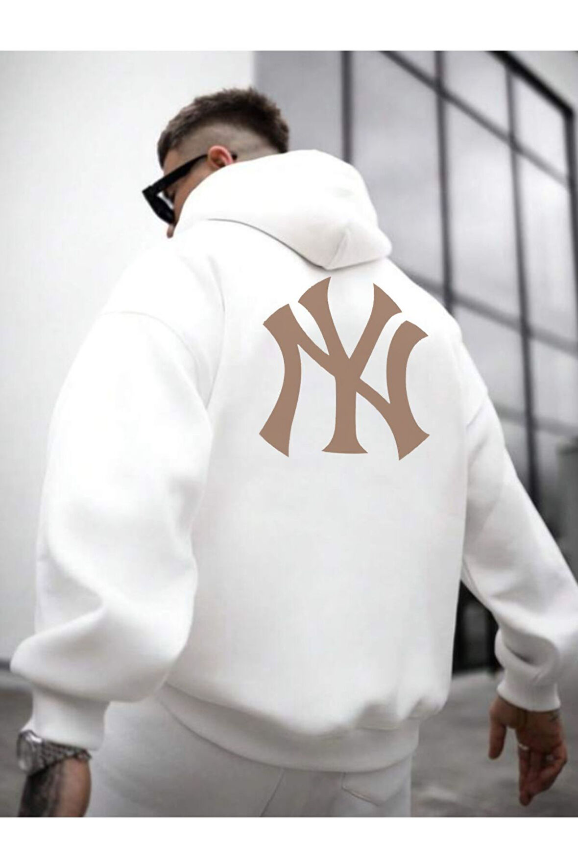 Erkek Ön Arka NY Baskılı Kapüşonlu Sweatshirt