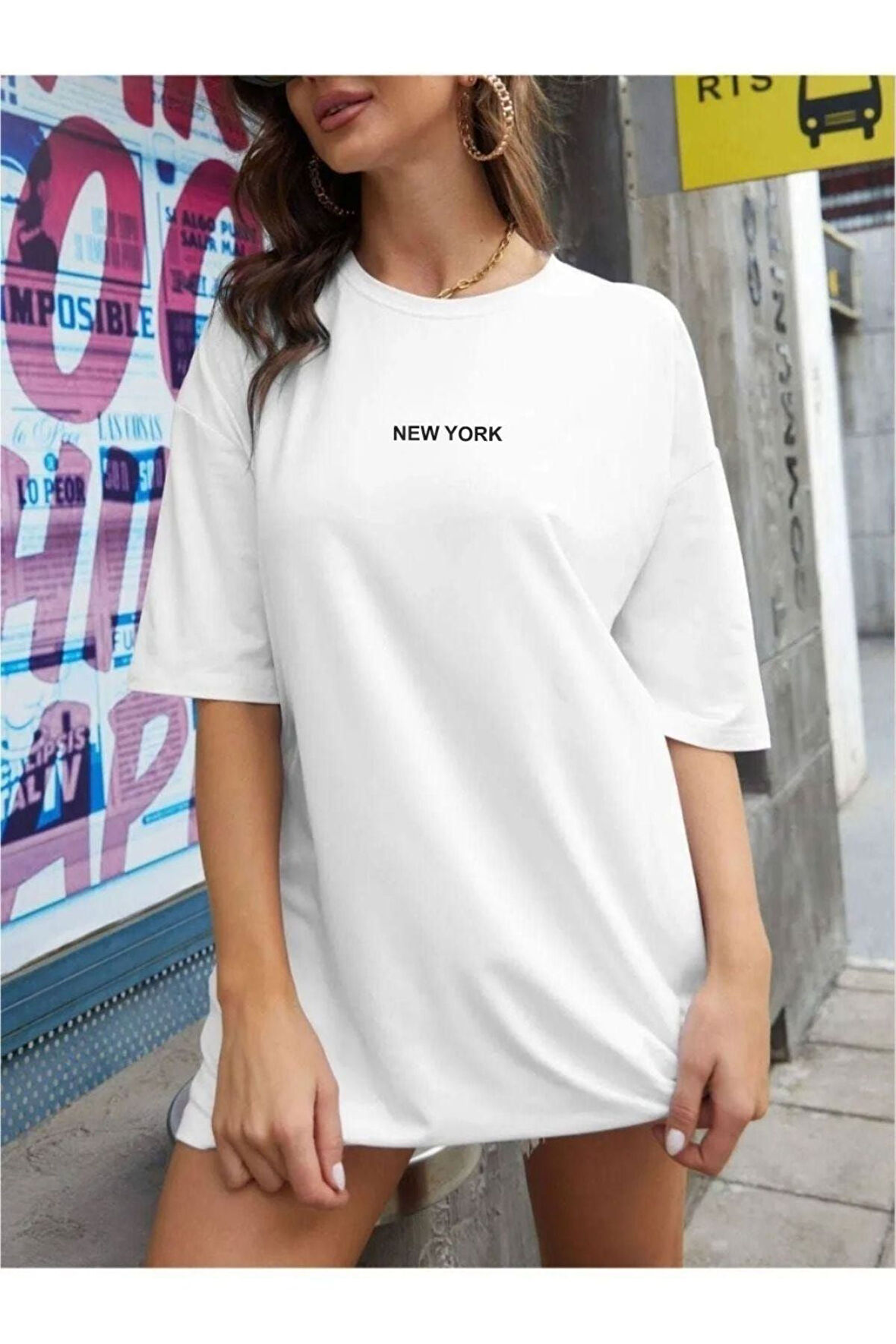 Kadın New York Baskılı Oversize T-Shirt