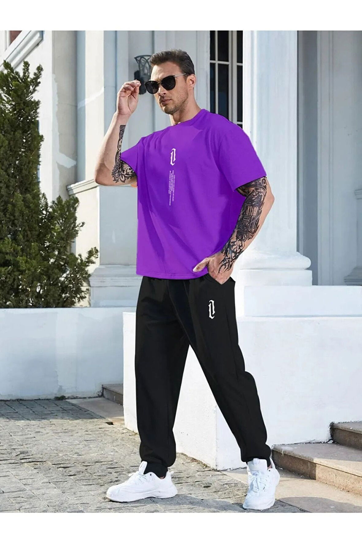 Erkek Dikey Baskılı Oversize Eşofman Takımı