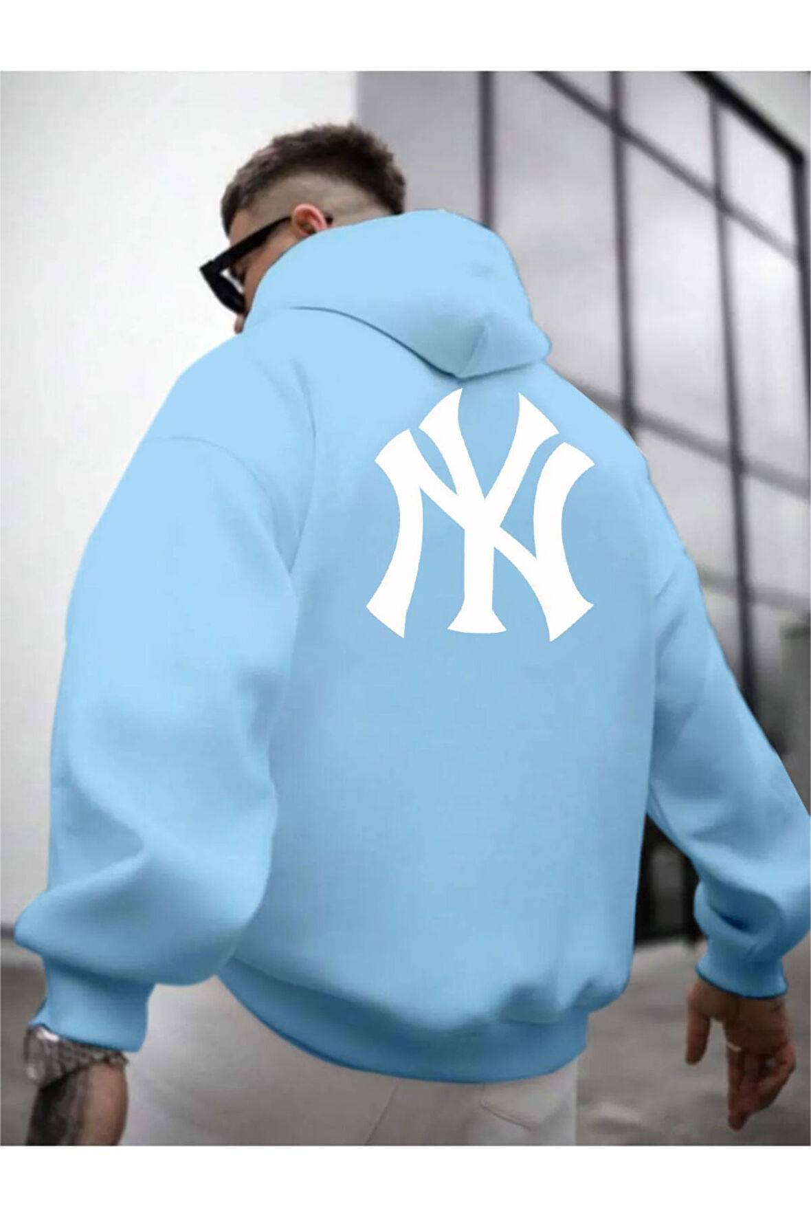 Erkek Ön Arka NY Baskılı Kapüşonlu Sweatshirt