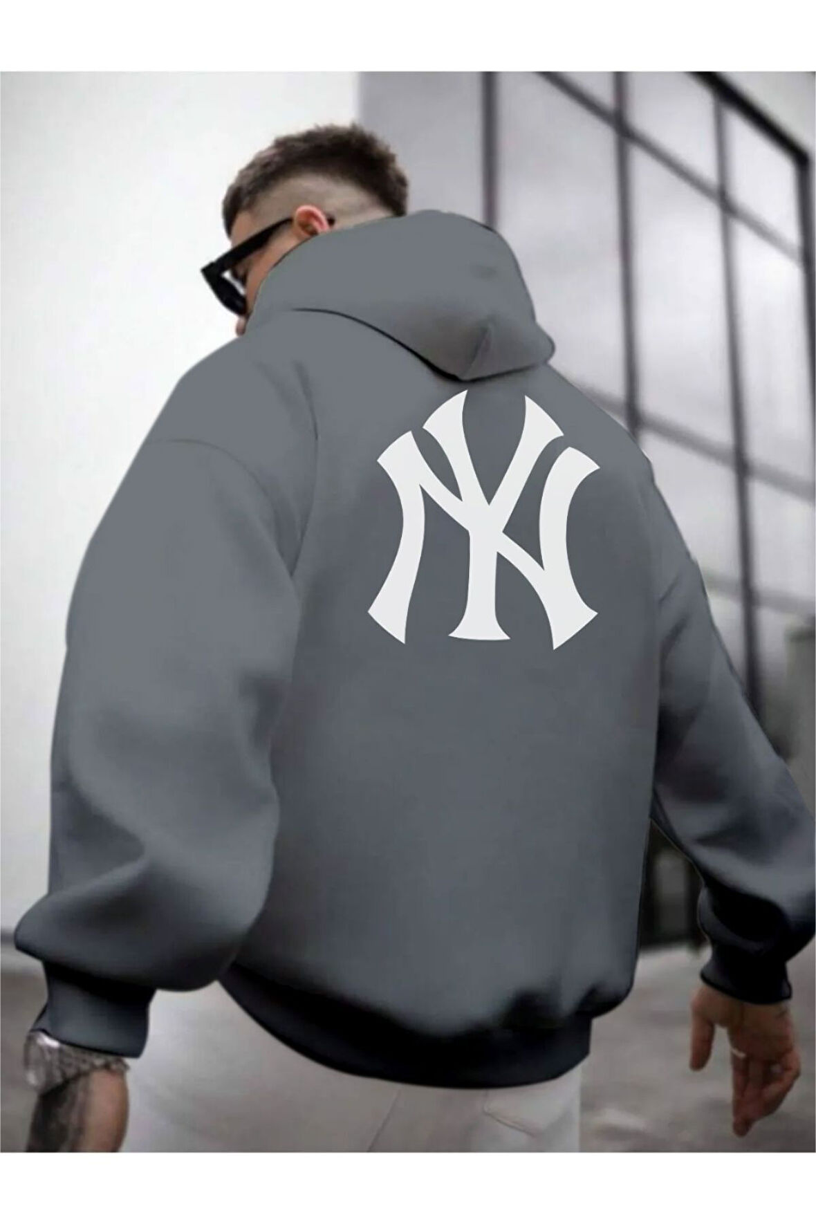 Erkek Ön Arka NY Baskılı Kapüşonlu Sweatshirt