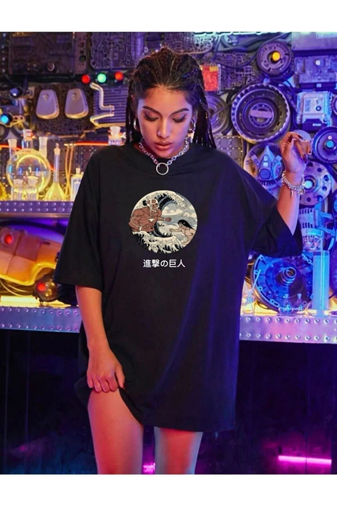 Unisex Siyah Ön Yuvarlak Baskılı Oversize Tshirt