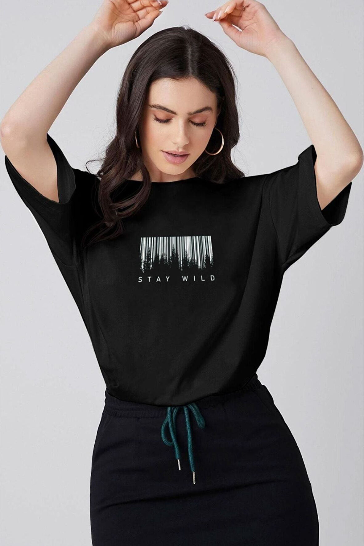 Kadın Siyah Stay Wild Baskılı Oversize T-shirt