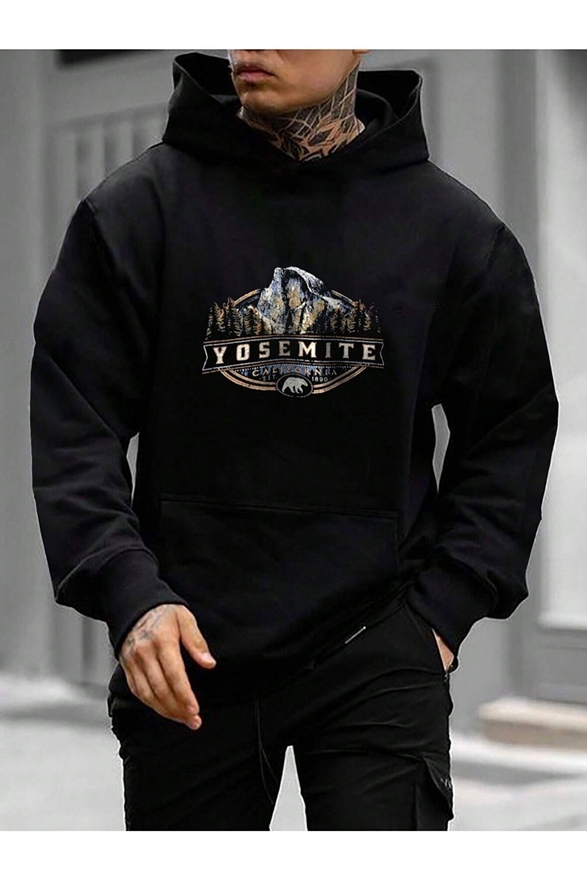 Erkek Siyah Yosemite Baskılı Kapüşonlu Sweatshirt