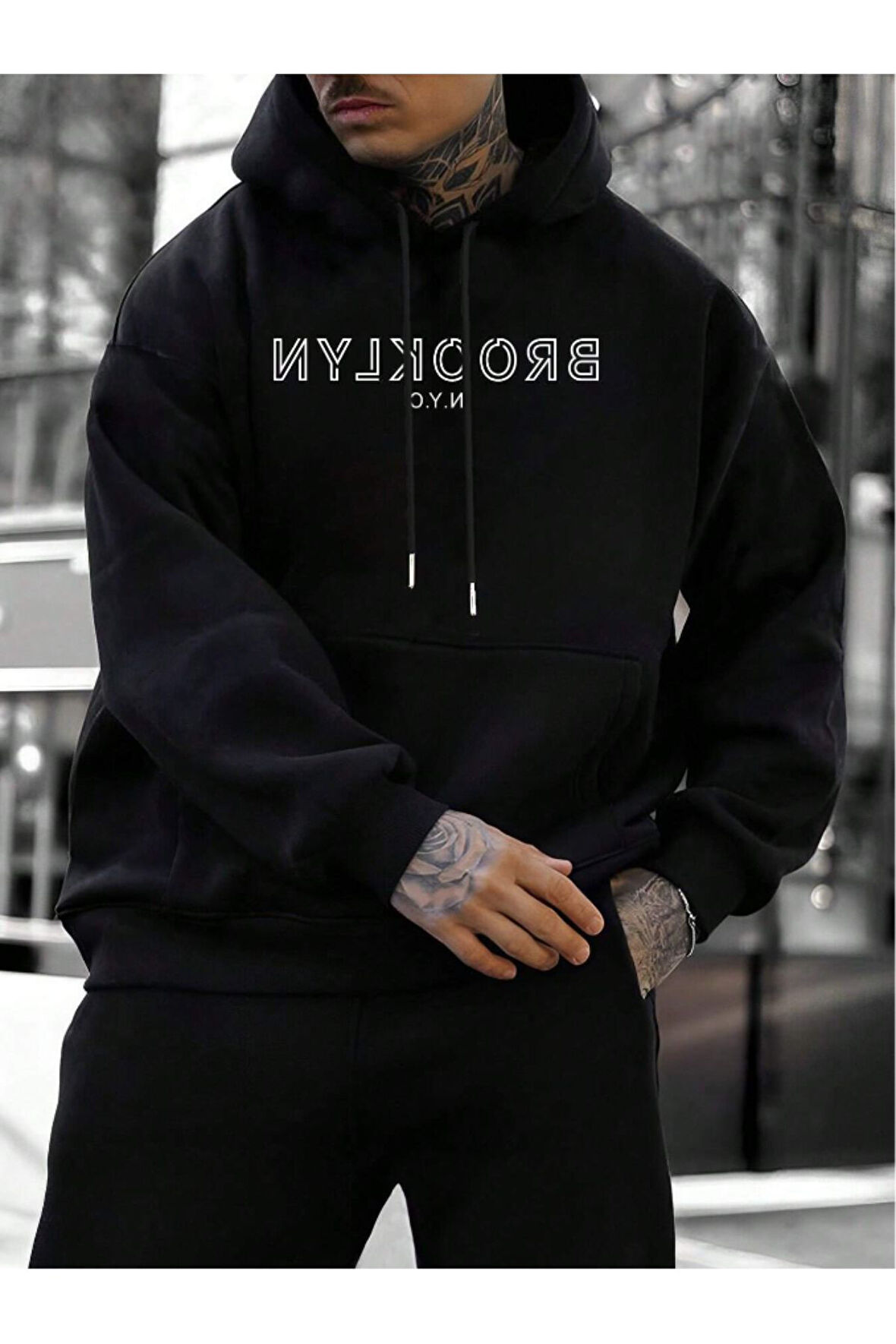 Erkek Siyah Ters Brooklyn Baskılı Kapüşonlu Sweatshirt