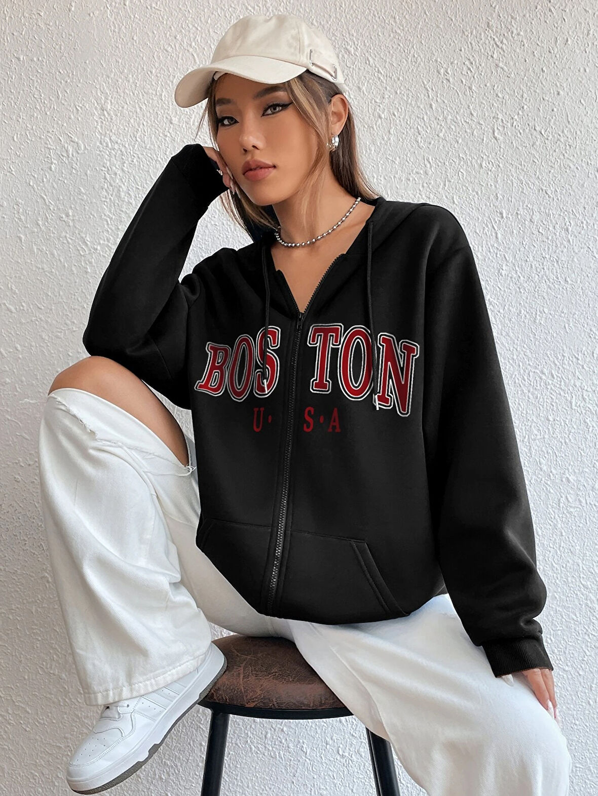 Unisex Bej Boston Baskı Kapüşonlu Hırka