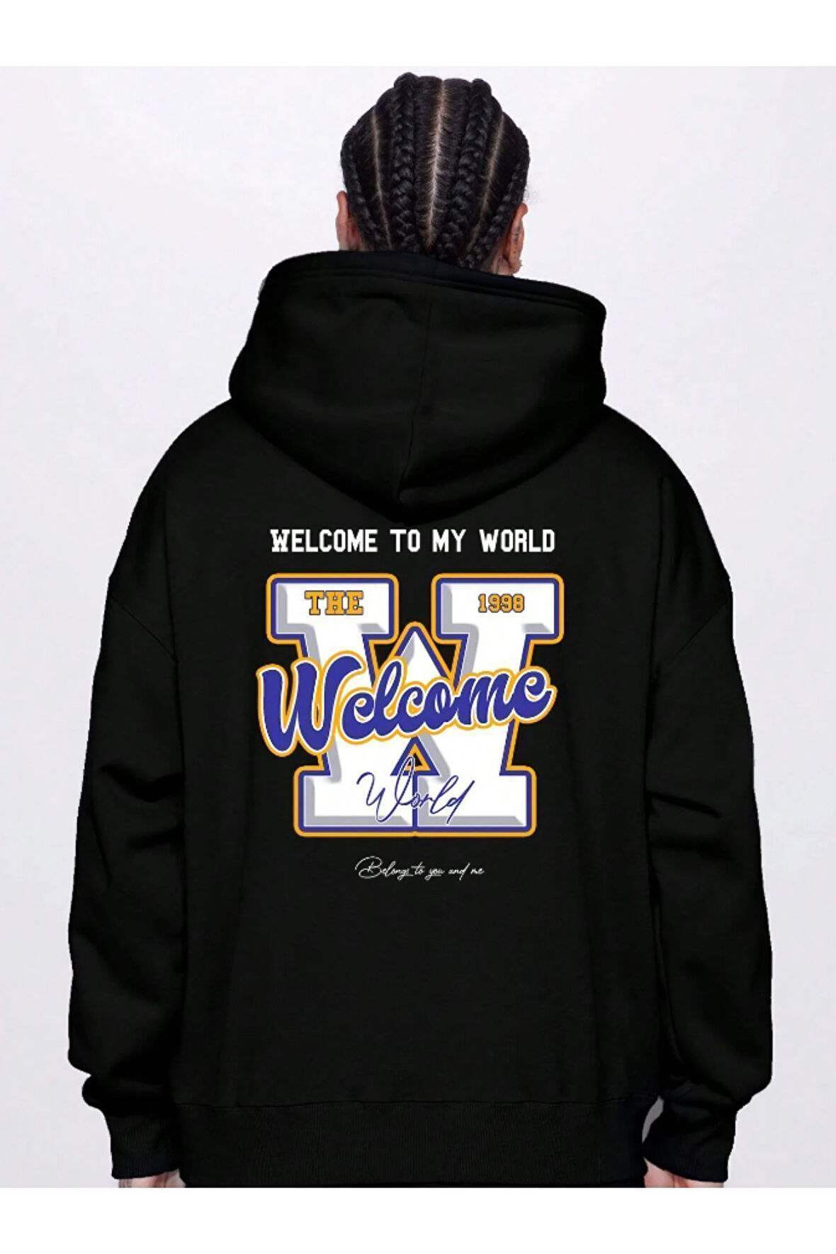 Erkek Siyah Sırt Welcome Baskılı Kapüşonlu Sweatshirt