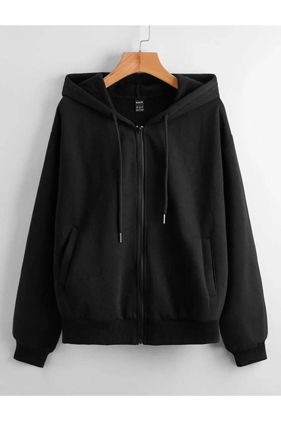 Unisex Siyah Yuvarlak Sırt Baskılı Ince Mevsimlik Kapşonlu Oversize Hırka