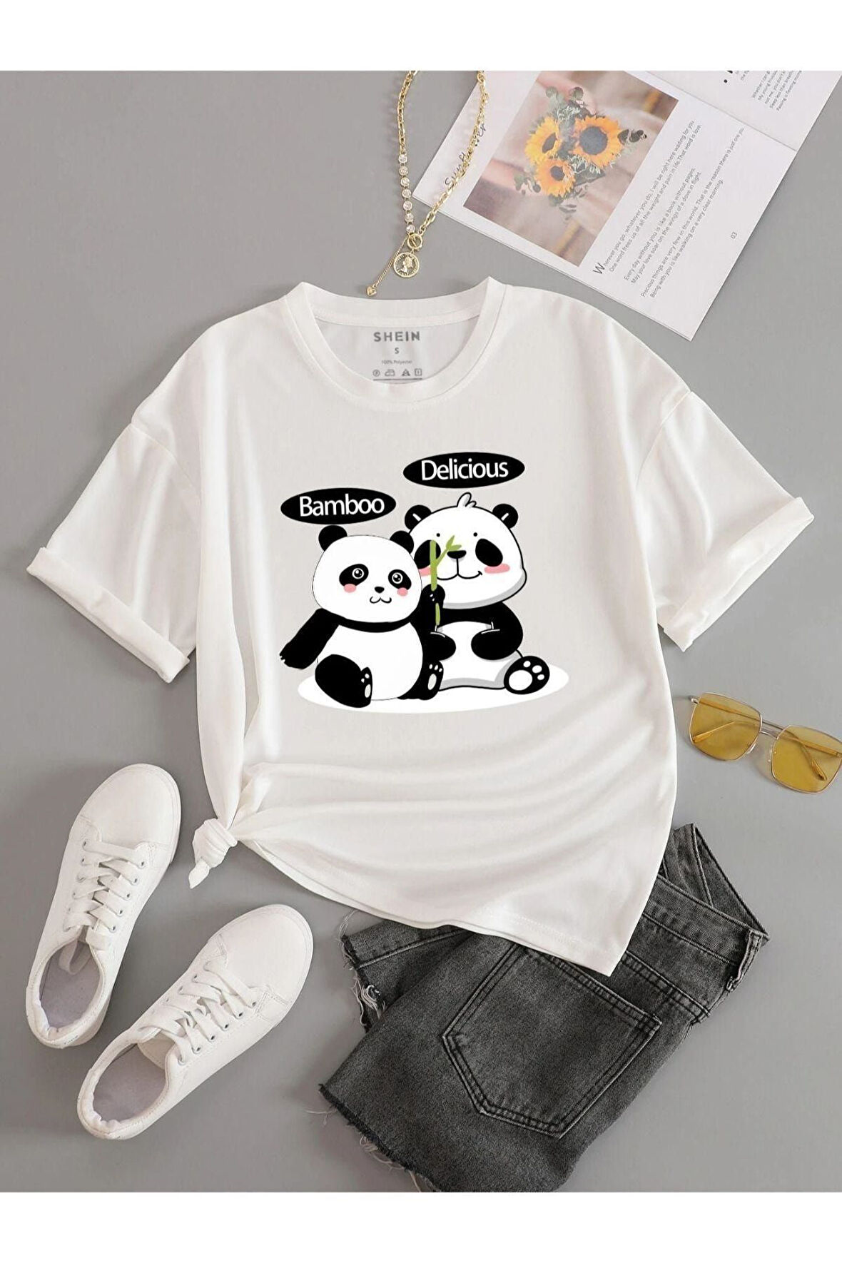 Unisex Beyaz Bamboo Panda Baskılı Oversize Bisiklet Yaka T-Shirt