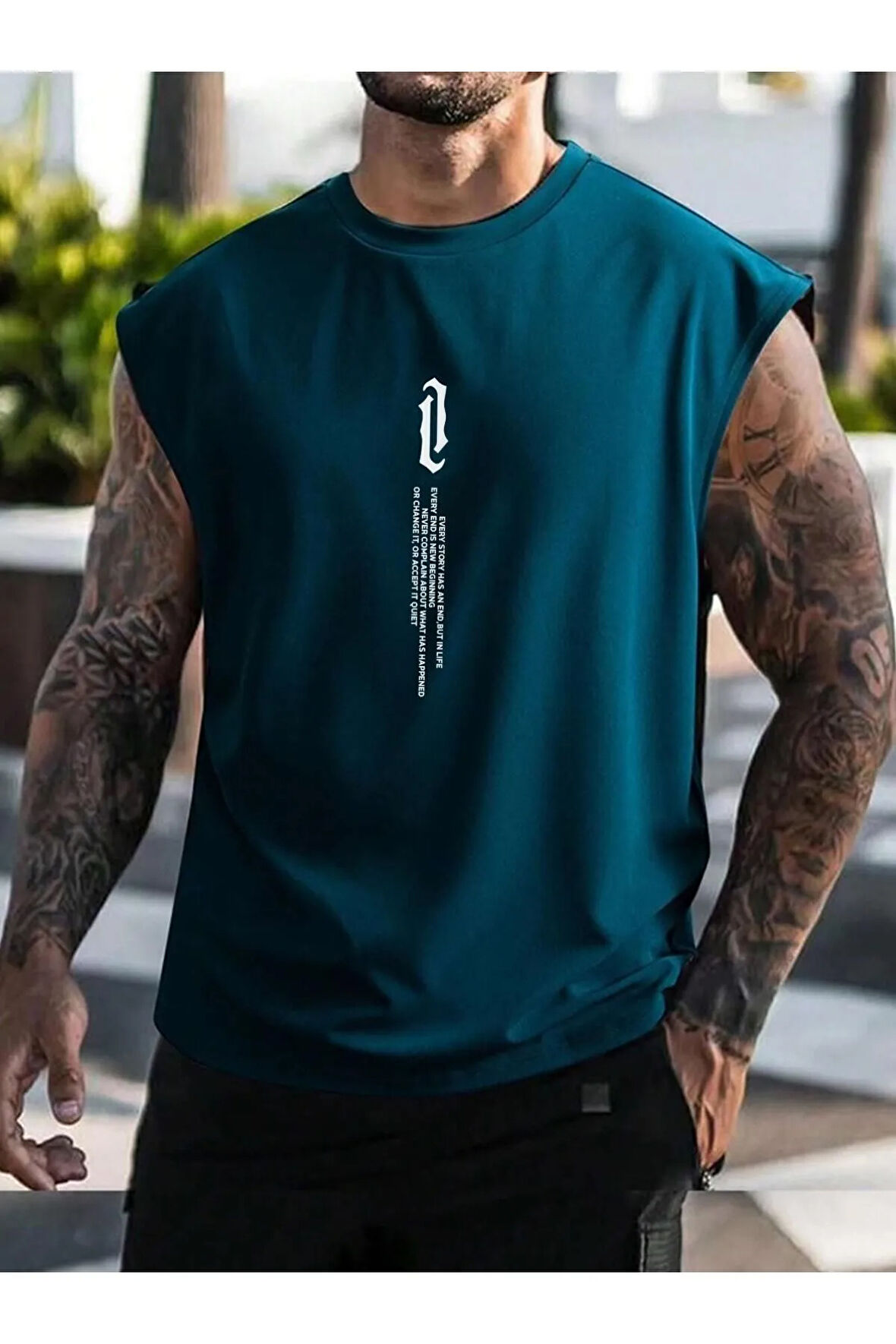 Erkek Petrol Mavi Dikey Baskılı Kolsuz Oversize T-shirt
