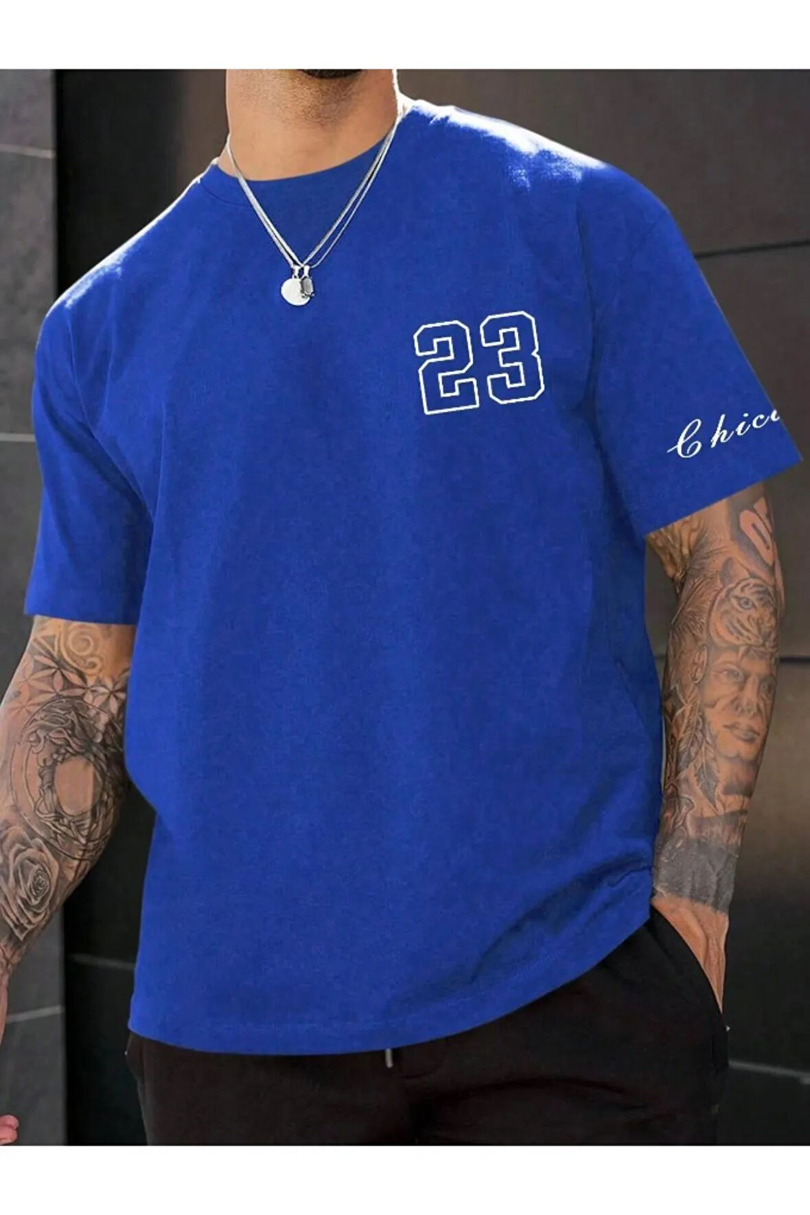 Erkek Saks Mavi Chicago Baskılı Oversize T-shirt