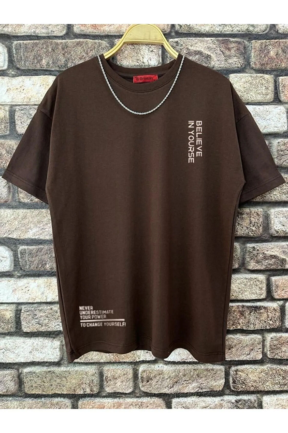 Erkek Kahverengi Believe Baskılı Oversize T-shirt