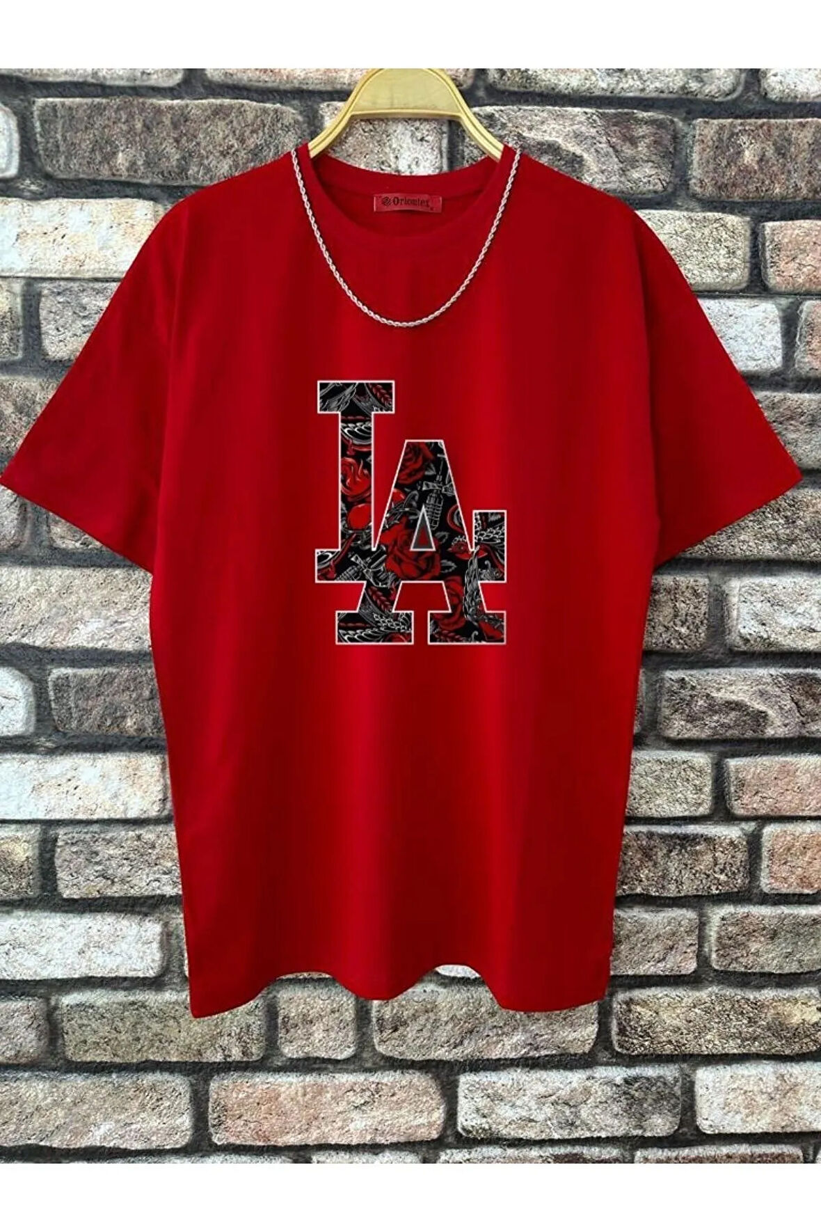 Erkek Kırmızı LA Baskılı Oversize Tshirt