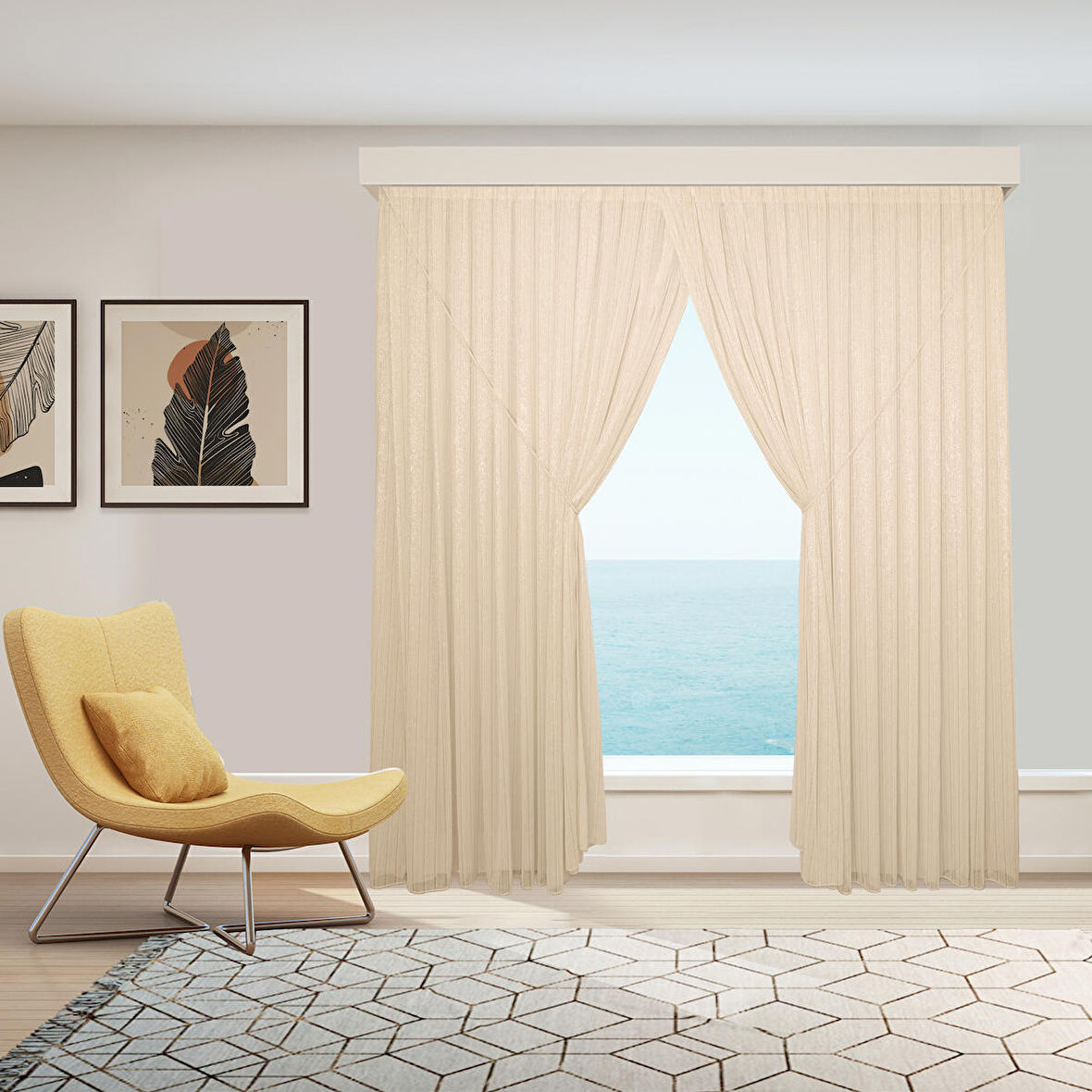 Altın Gold Çelik Çizgili Etekleri Kurşunlu 1-3 Sık Pile Kruvaze Tül Perde