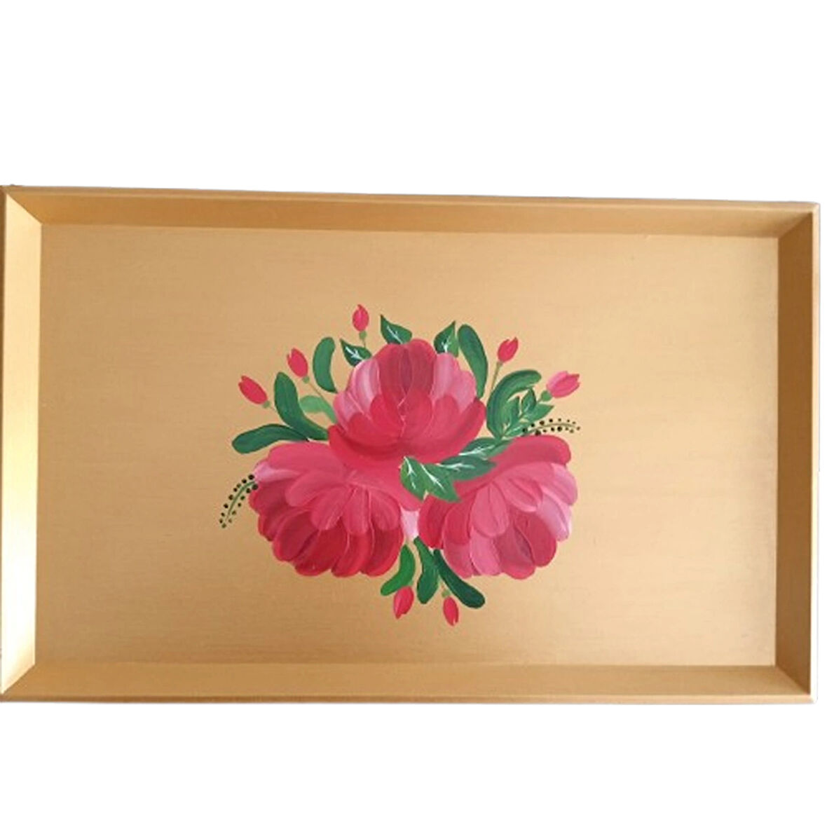 Altın Varaklı El Boyaması Gül Desenli Ahşap Nişan/Sunum Tepsisi (38x23 cm)