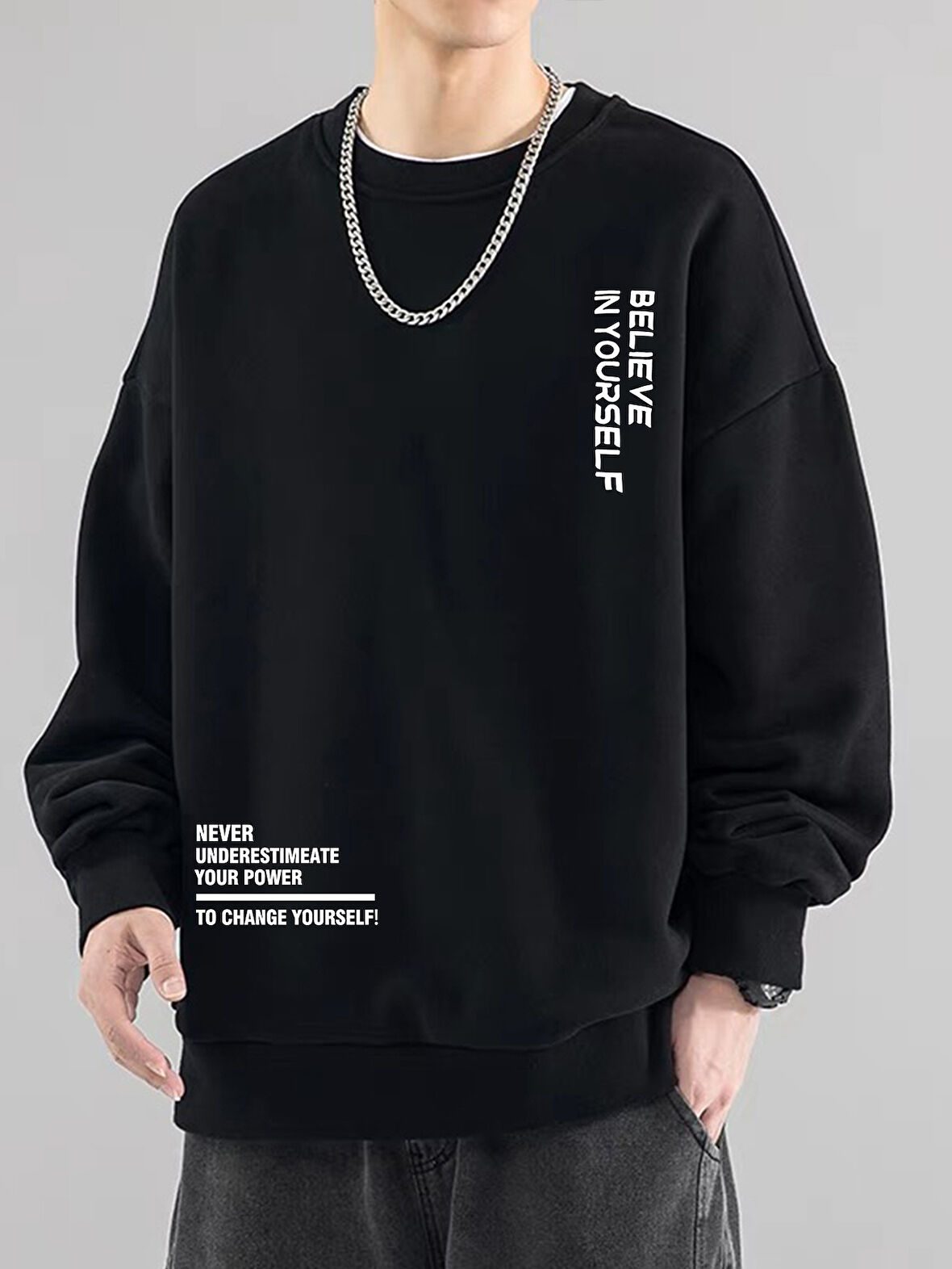 Erkek Believe Baskılı Oversize Bisiklet Yaka Sweatshirt