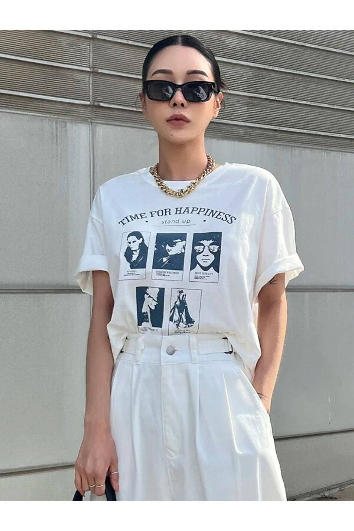 Unisex Beyaz Time For Happiness Baskılı Bisiklet Yaka Oversize T-shirt