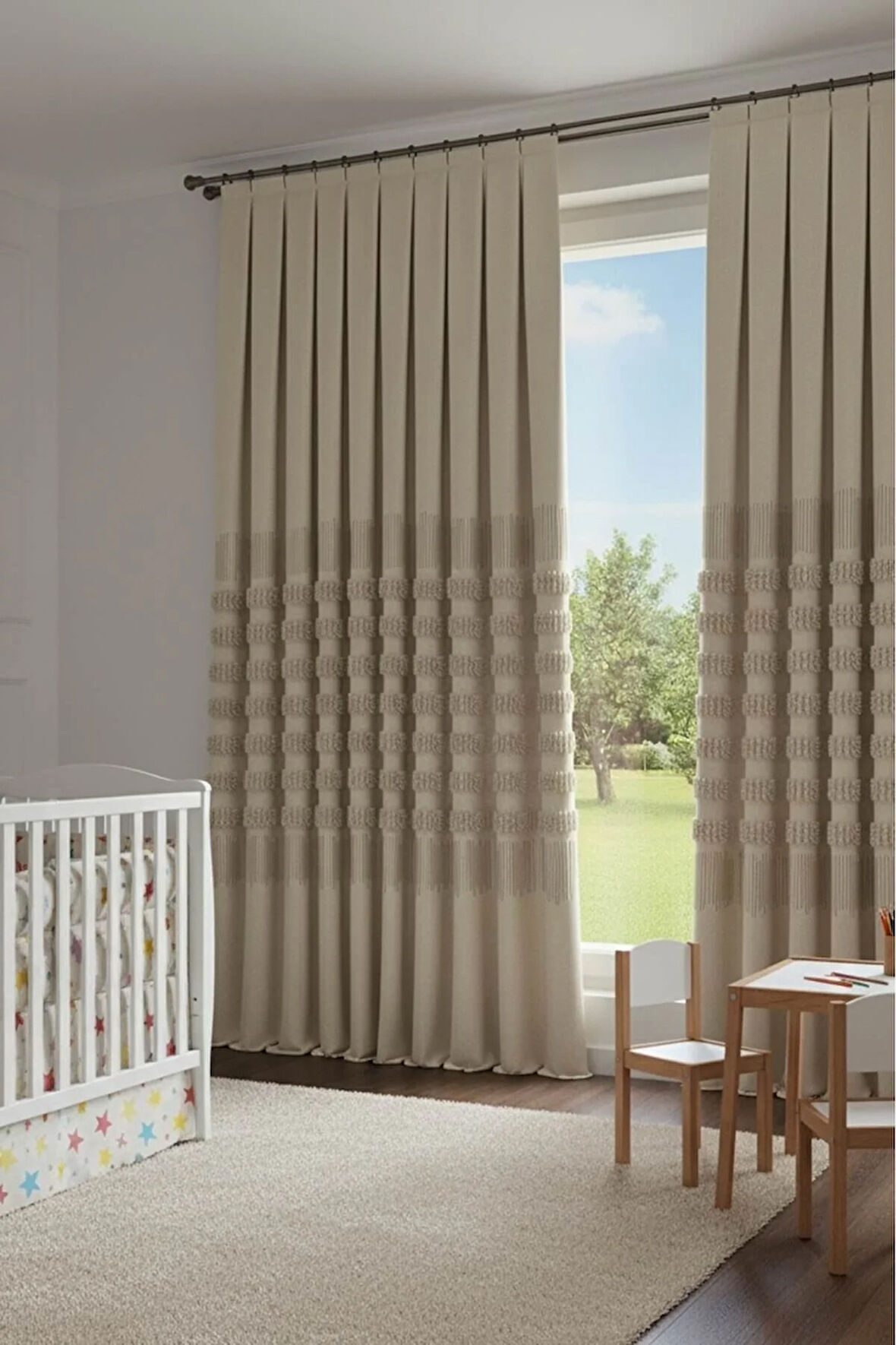 ✨ Noble Pano Bej Fon Perde 1x3 Sık Pile Çift Kanat | Modern & Şık Salon Perdesi