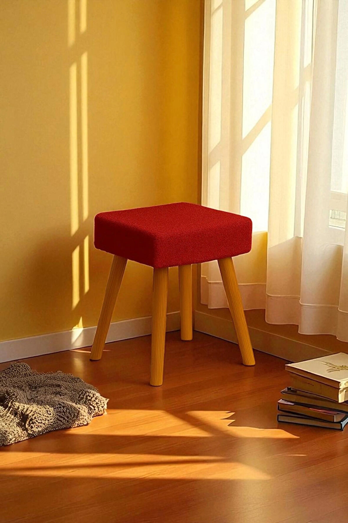 ALVIA Modern Ahşap Ayaklı Teddy Peluş Kare Bench Puf – Dekoratif Tabure