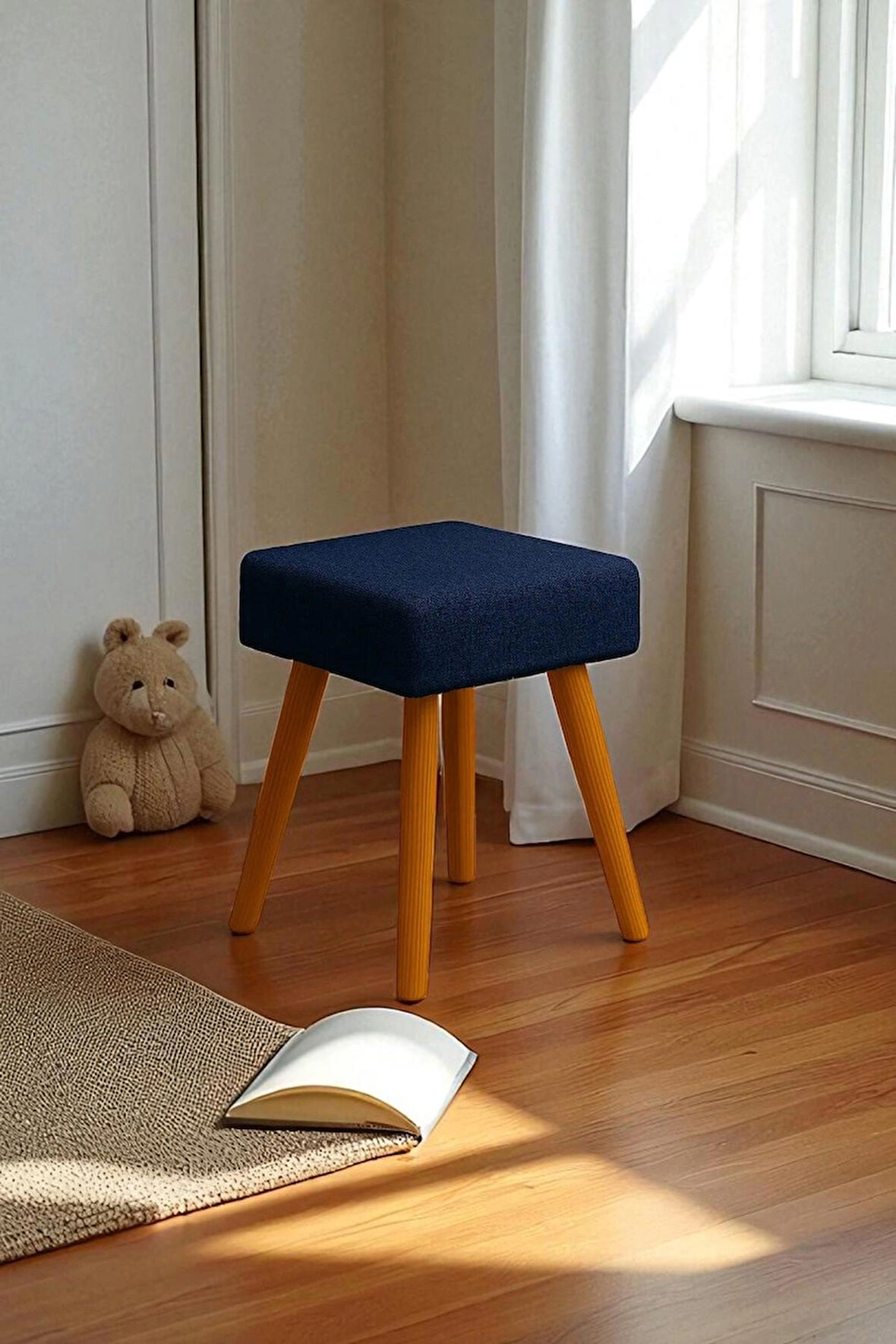 ALVIA Modern Ahşap Ayaklı Teddy Peluş Kare Bench Puf – Dekoratif Tabure
