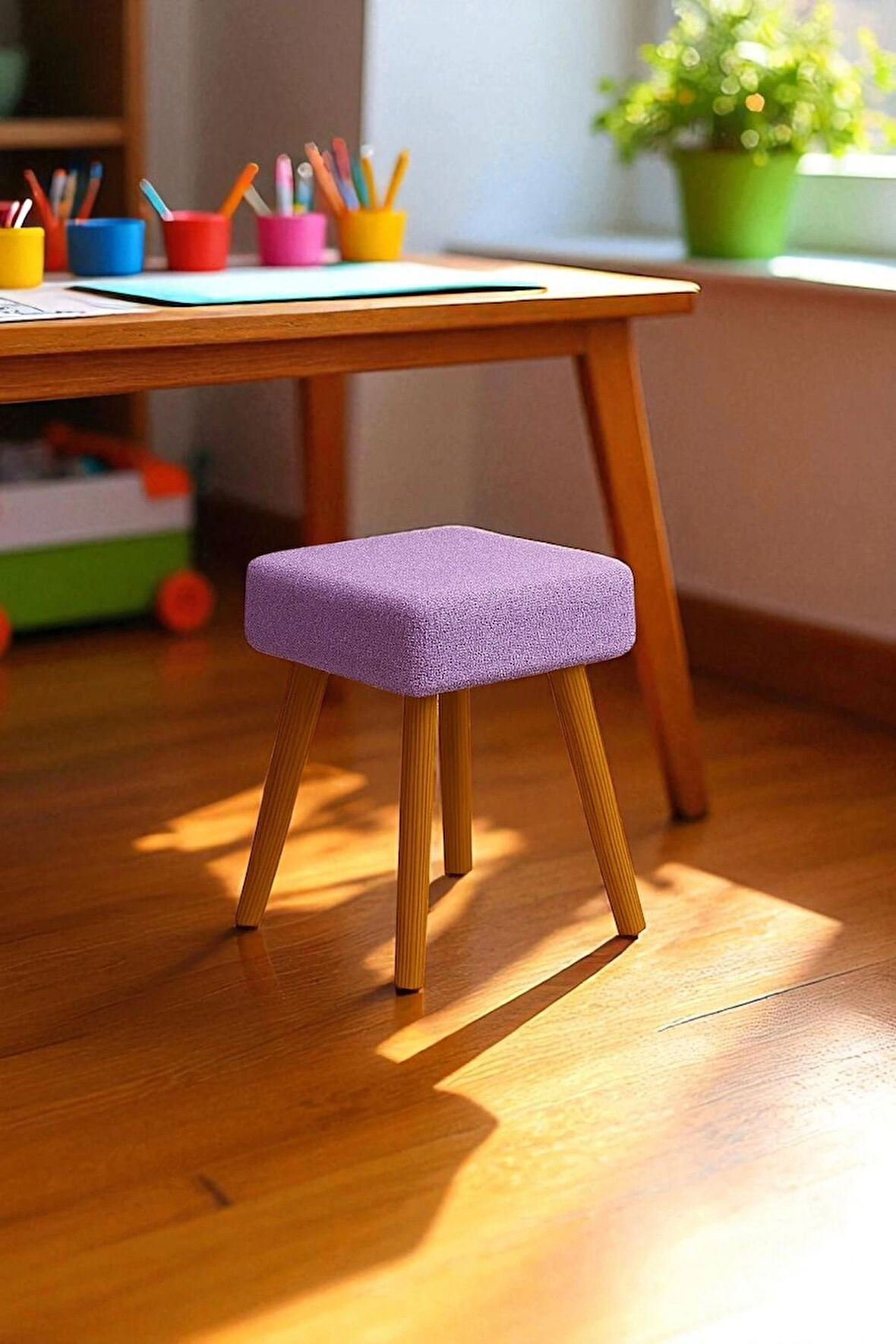 ALVIA Modern Ahşap Ayaklı Teddy Peluş Kare Bench Puf – Dekoratif Tabure