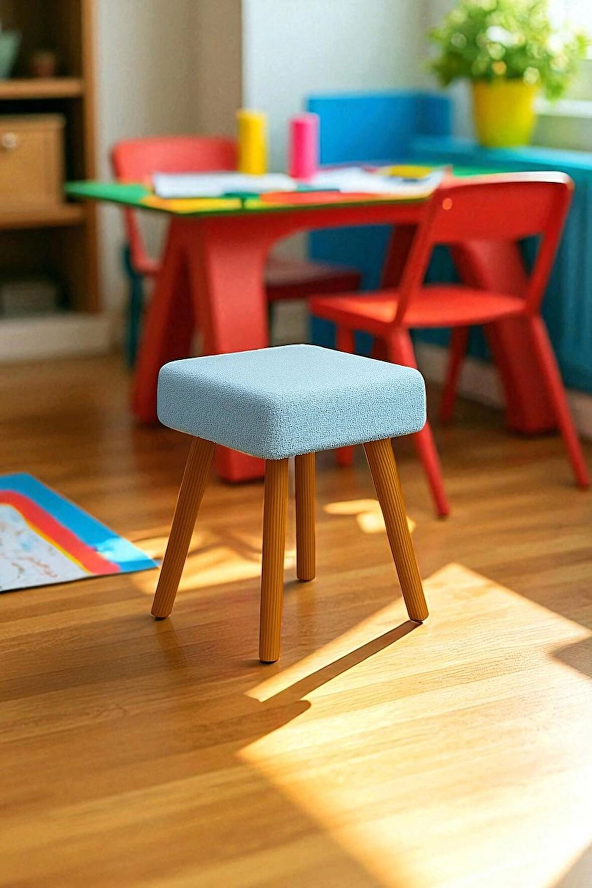 ALVIA Modern Ahşap Ayaklı Teddy Peluş Kare Bench Puf – Dekoratif Tabure