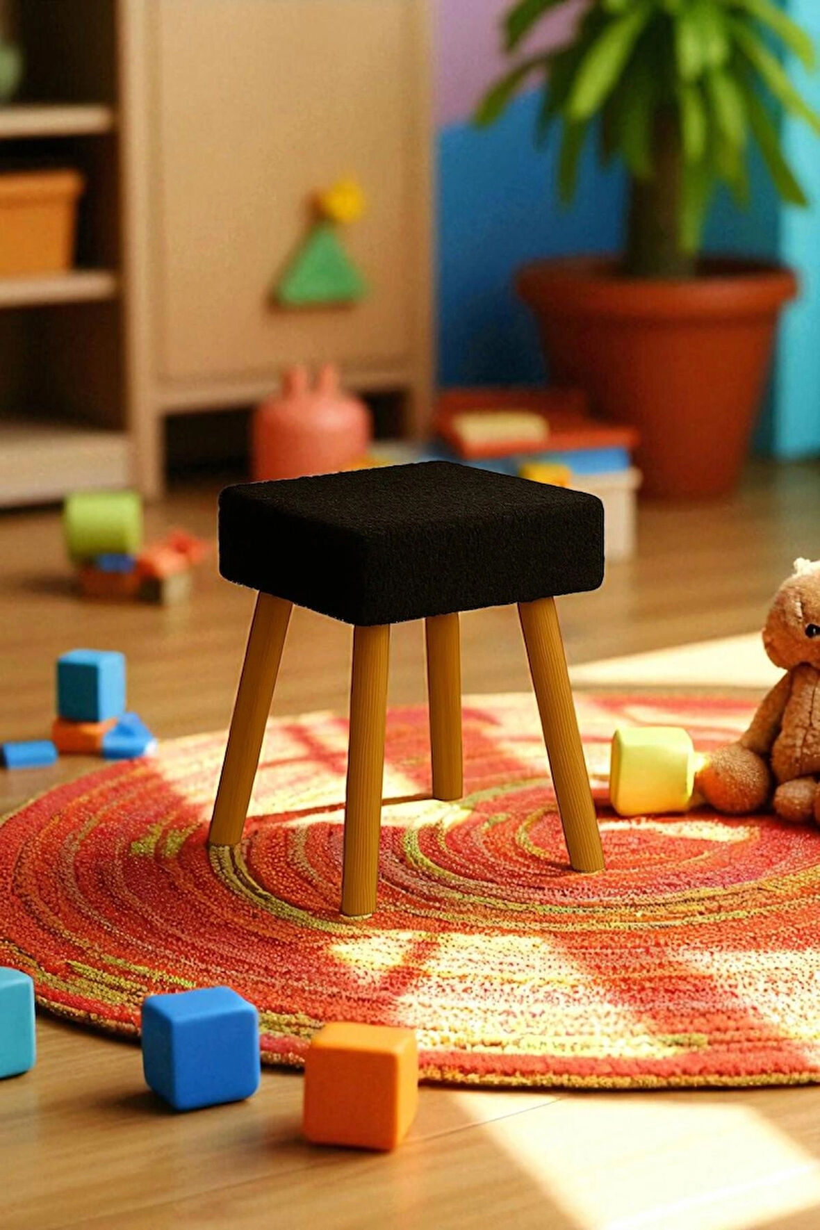 ALVIA Modern Ahşap Ayaklı Teddy Peluş Kare Bench Puf – Dekoratif Tabure