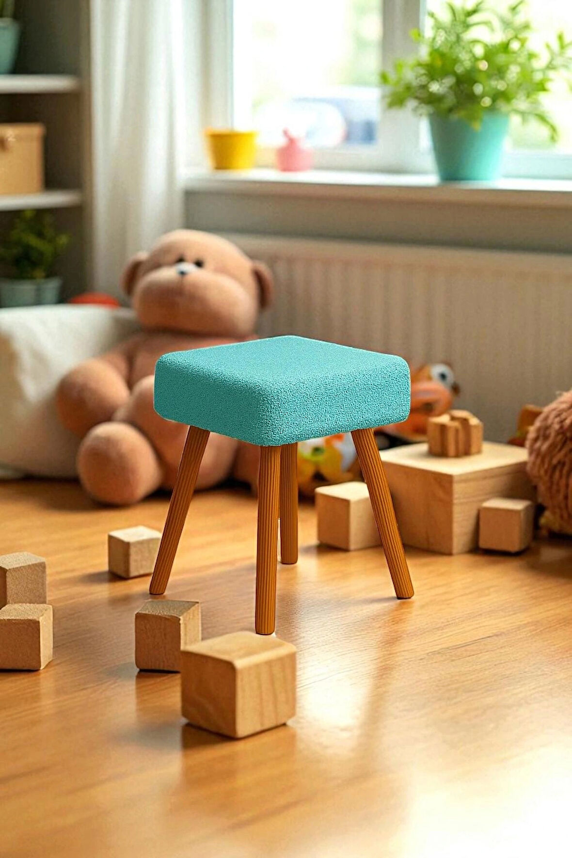 ALVIA Modern Ahşap Ayaklı Teddy Peluş Kare Bench Puf – Dekoratif Tabure
