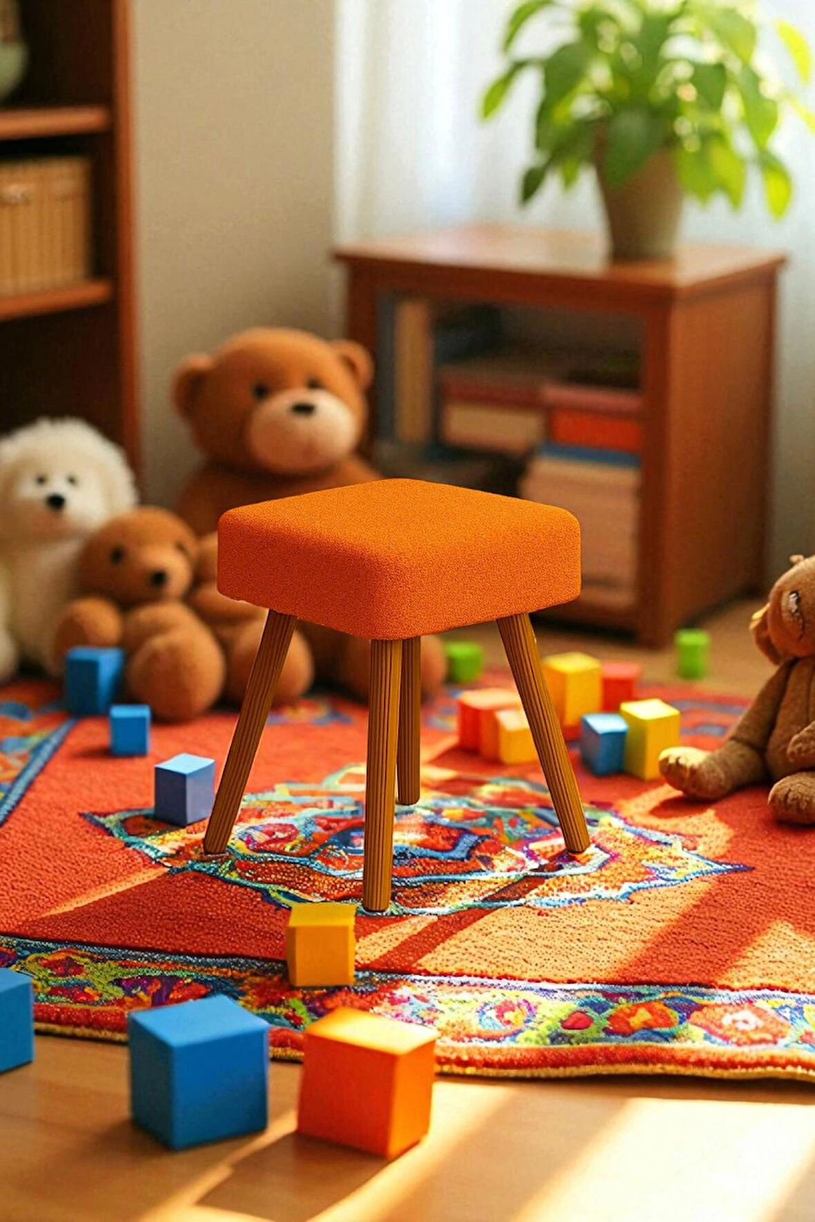 ALVIA Modern Ahşap Ayaklı Teddy Peluş Kare Bench Puf – Dekoratif Tabure