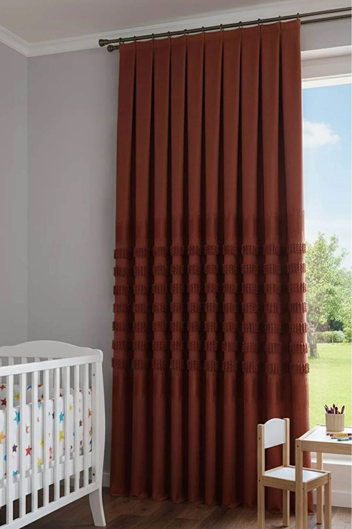 ✨ Noble Pano Kiremit Fon Perde 1x3 Sık Pile Çift Kanat | Modern & Şık Salon Perdesi