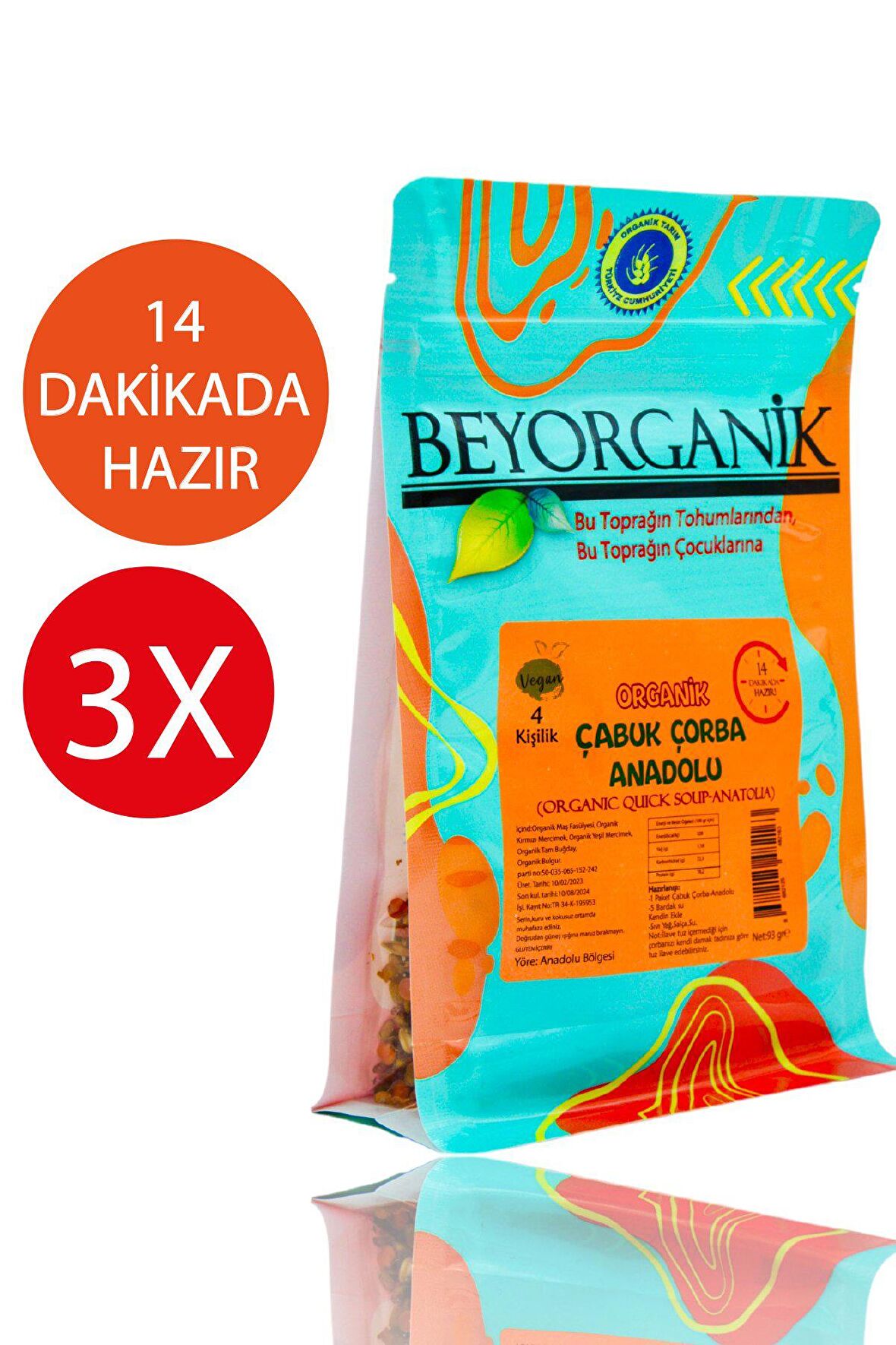 Organik Çabuk Çorba Anadolu 93gr 3'lü  paket 14 dakikada hazır