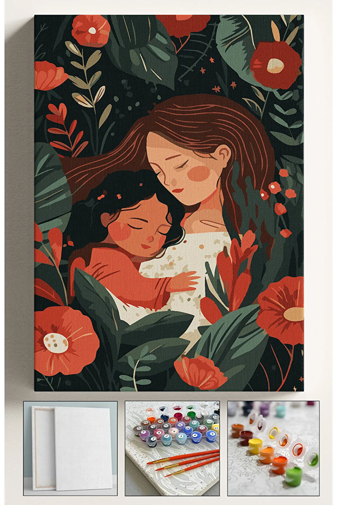 Sayılarla Boyama Çerçeveli Hobi Seti Numaralı Tuval Fırça Boya Kasnaklı 40X50Cm Anne Kız Sevgi